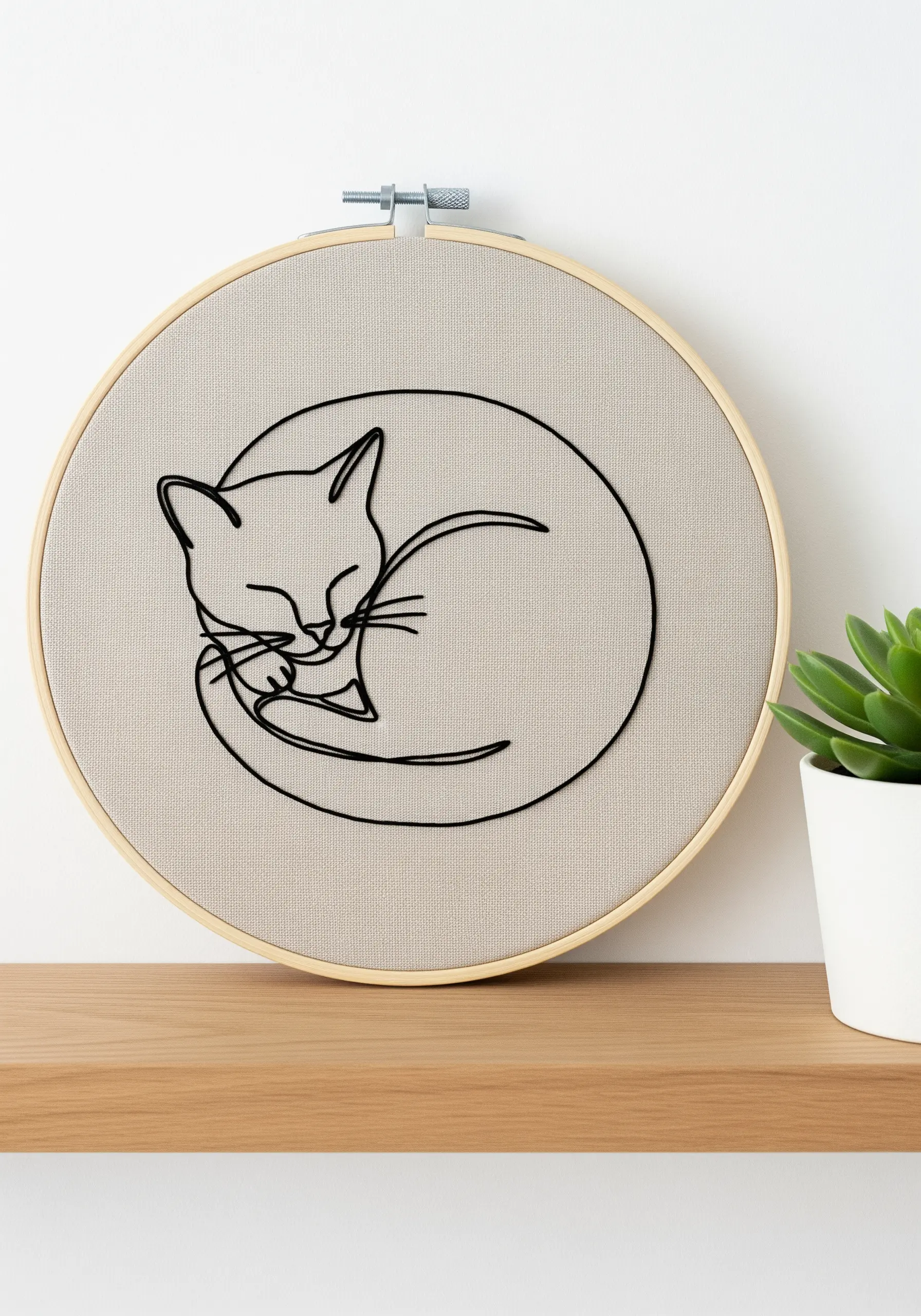 Minimalist line art embroidery of a sleeping cat in a wooden hoop on a shelf.