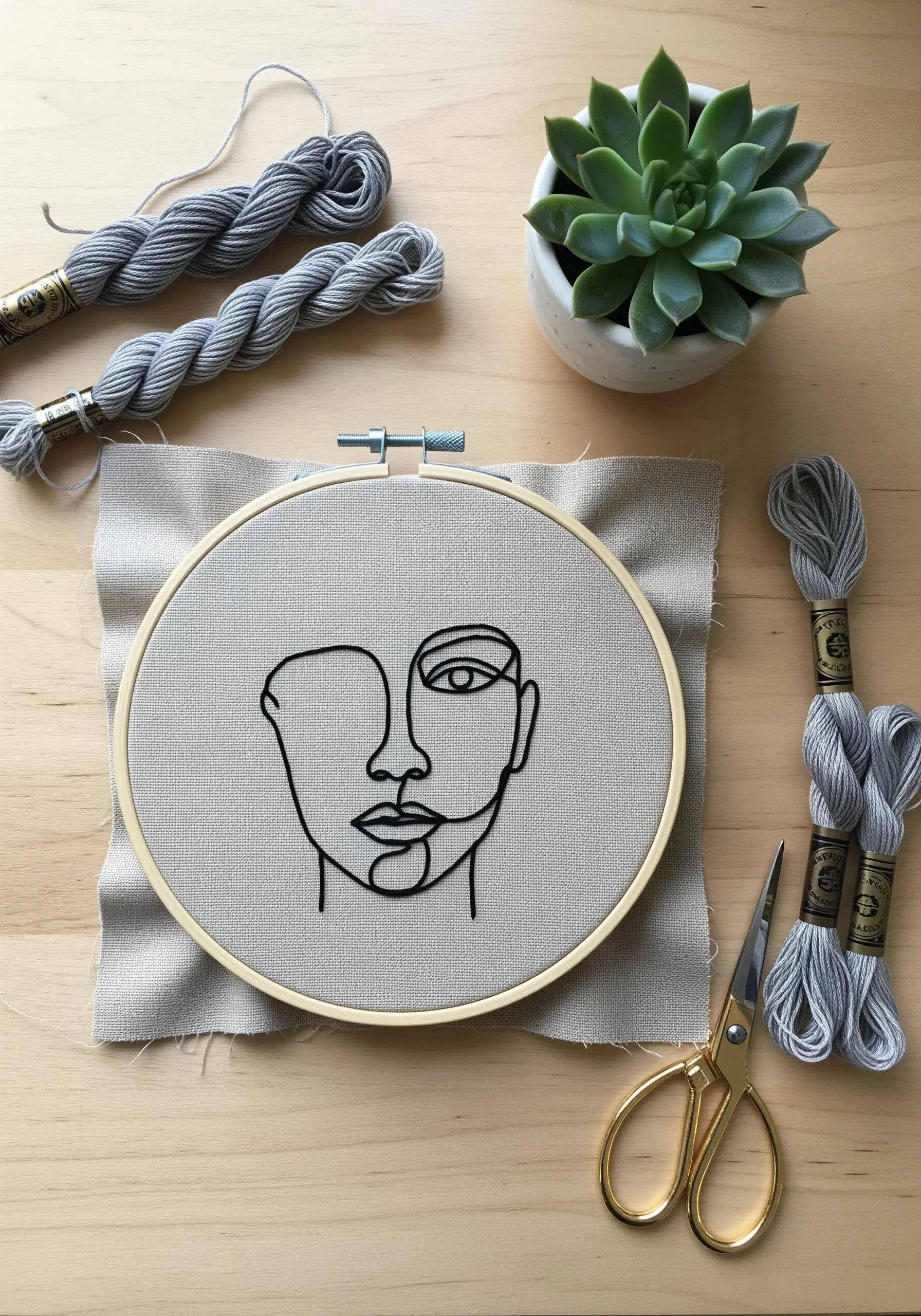 Black thread single-line face embroidery on neutral linen fabric.