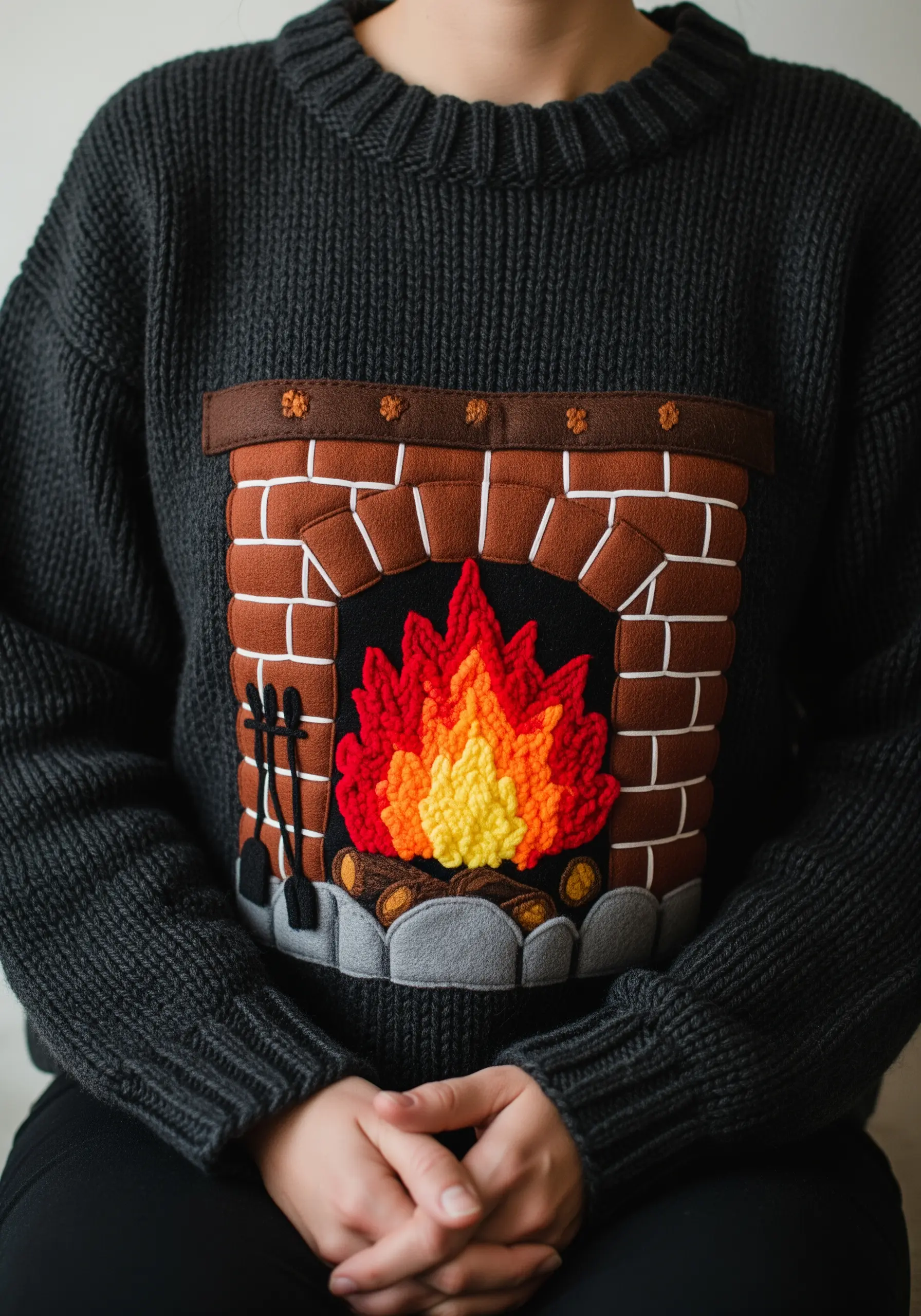 A detailed fireplace scene with appliqué bricks and high-texture embroidered flames.