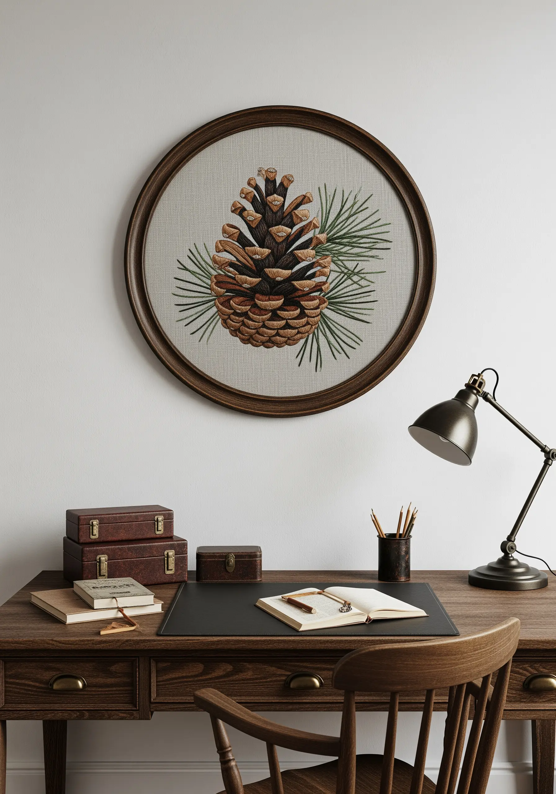 A large, detailed embroidery of a pinecone in a round wooden frame on a desk.