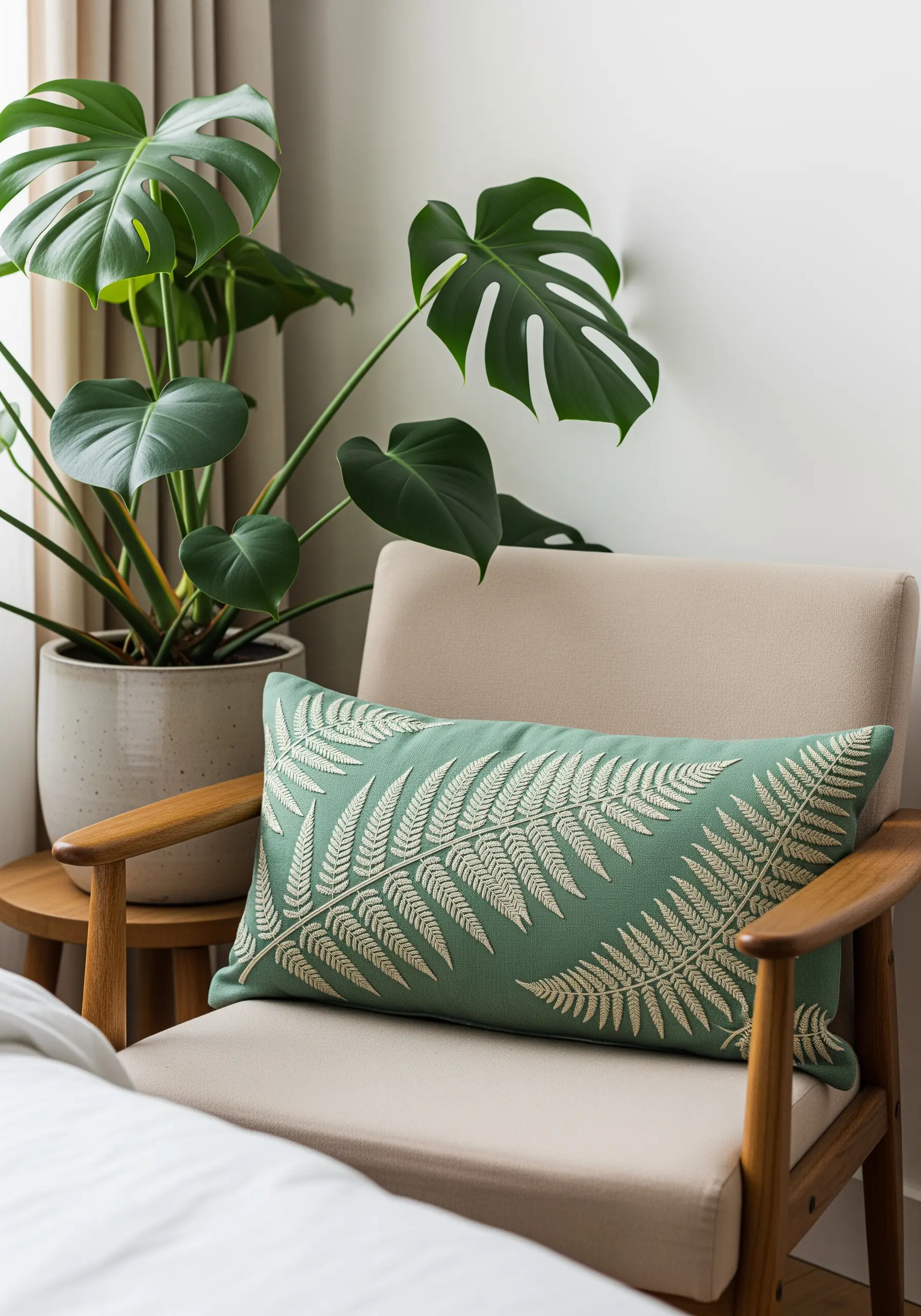 Symmetrical fern fronds embroidered in a light cream color on a sage green pillow.