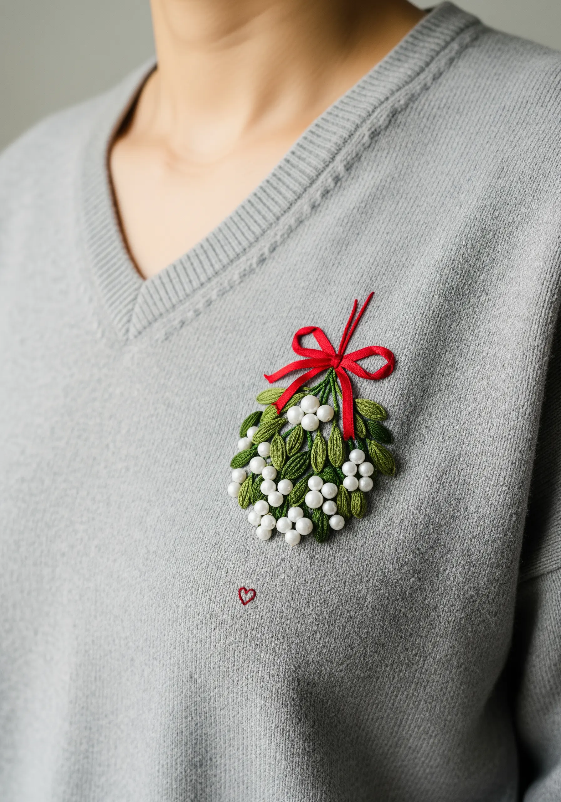 3D mistletoe embroidery with pearl beads and a red ribbon on a grey sweater.