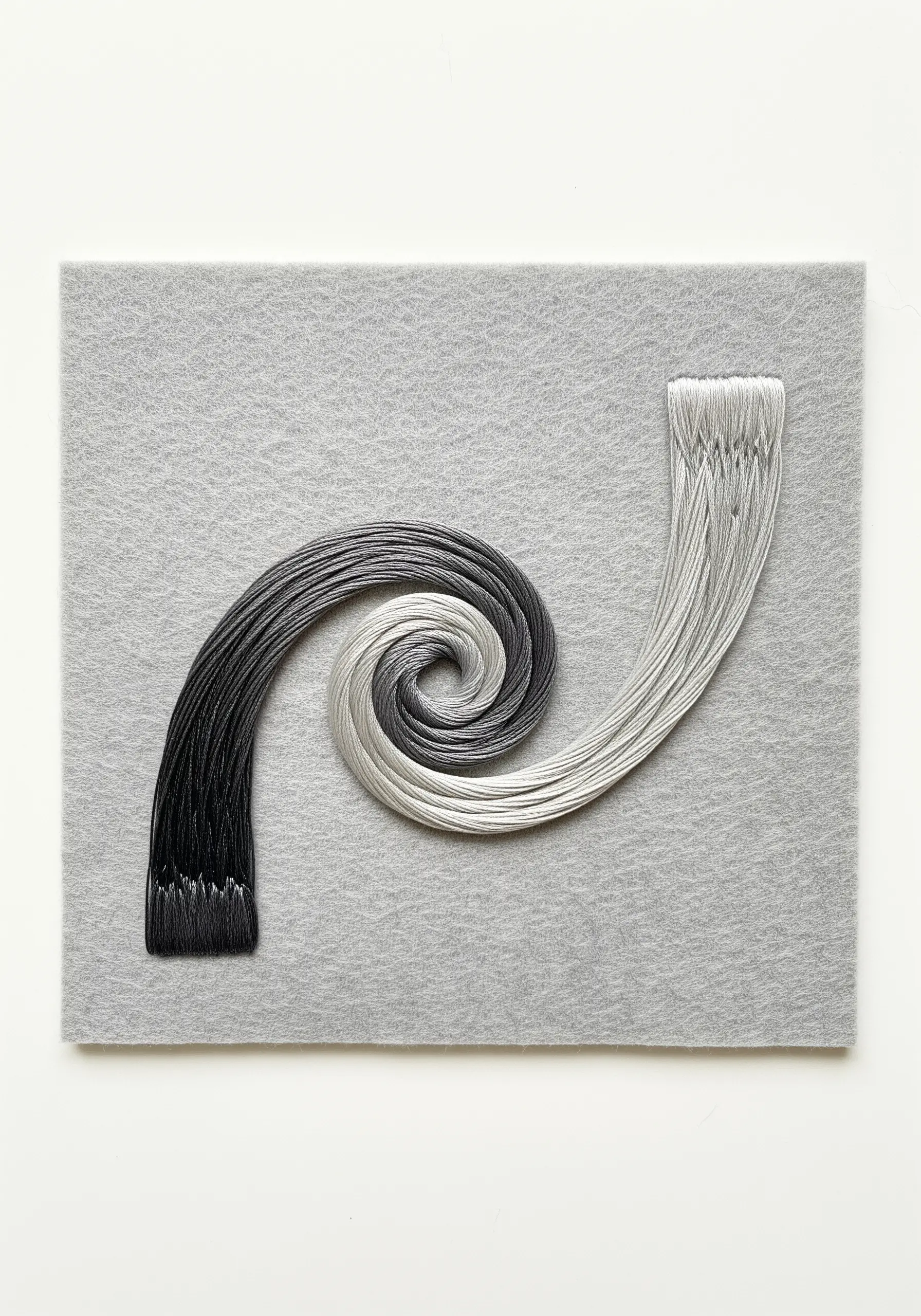 Flawless satin stitch gradient swirl from black to white on grey felt.