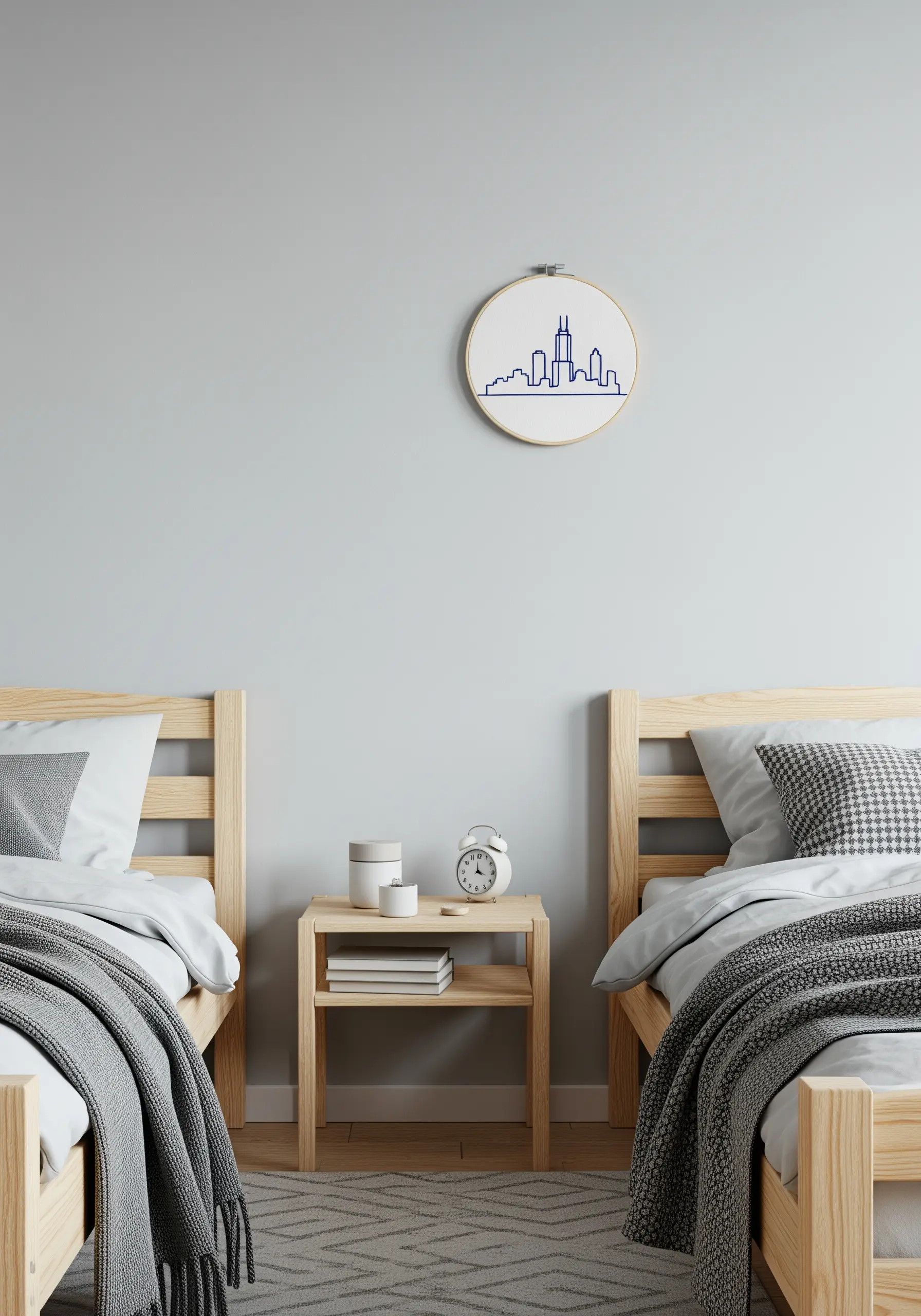 A minimalist, single-line embroidery of the Chicago skyline in a small hoop.