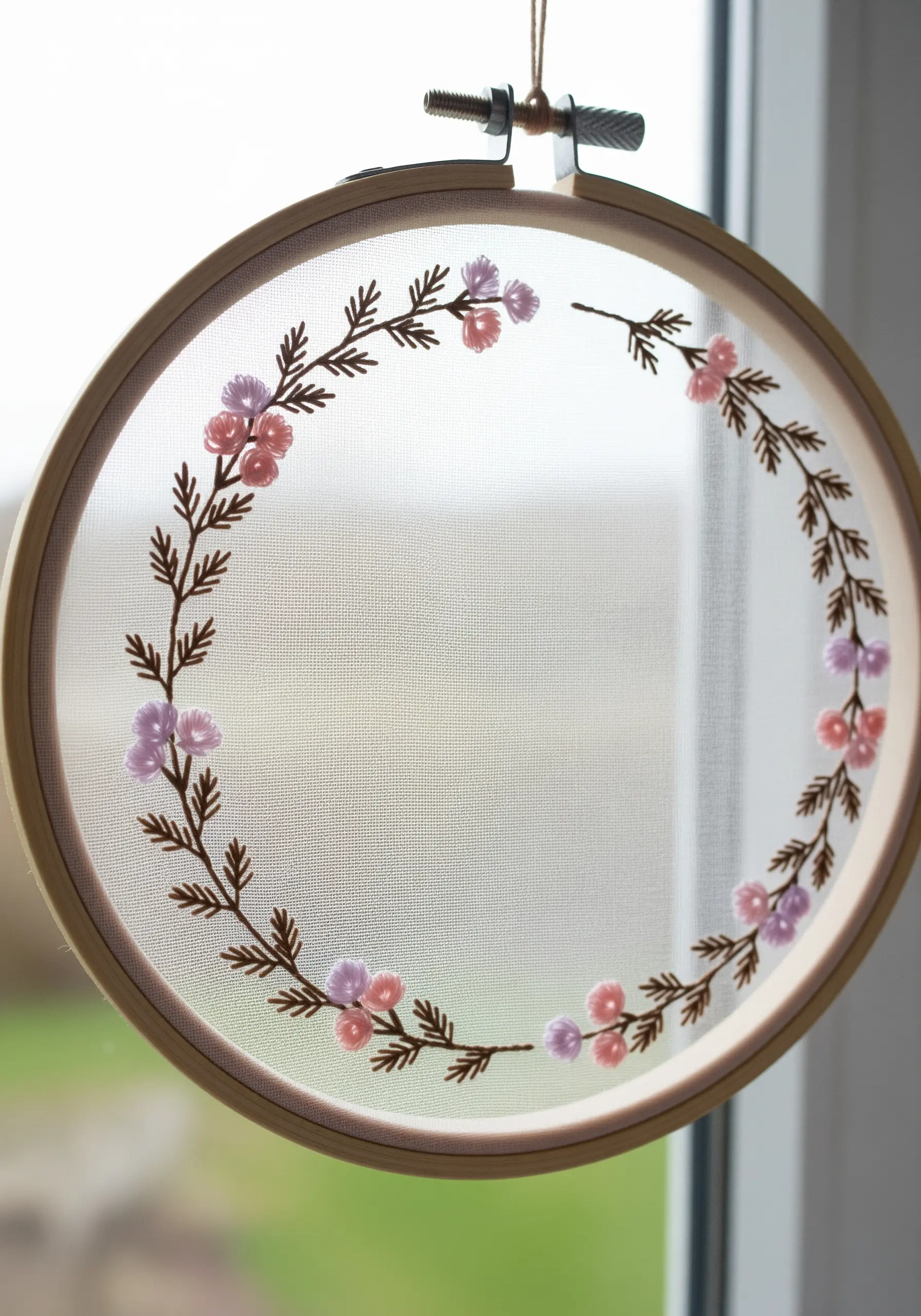 A delicate floral wreath embroidered on sheer fabric in a hoop.