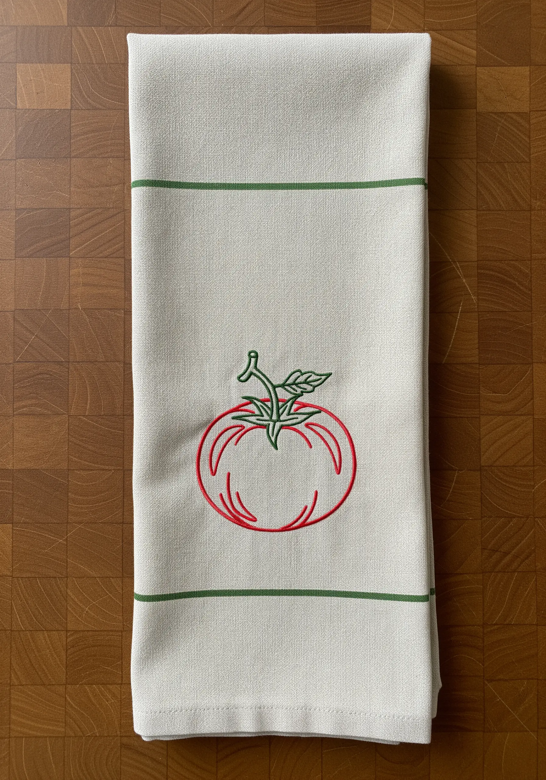 Embroidered tomato motif framed by two horizontal green lines on a kitchen towel.