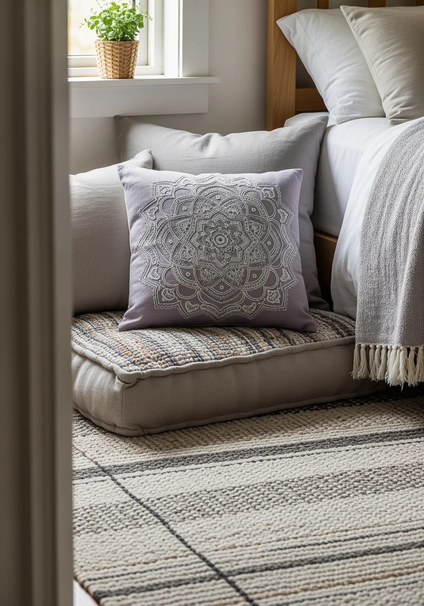 A detailed, symmetrical mandala embroidered in a single light color on a lavender pillow.