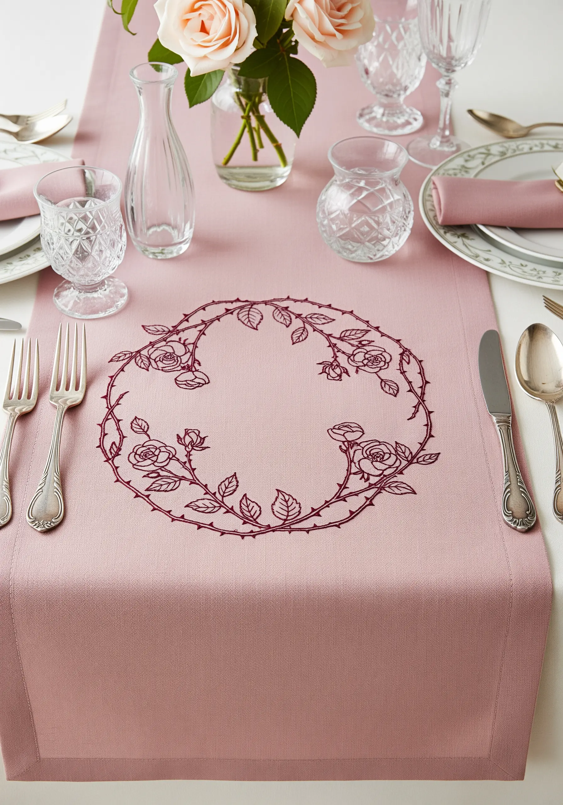 A delicate line-art wreath of thorny rose stems embroidered on a dusty rose runner.