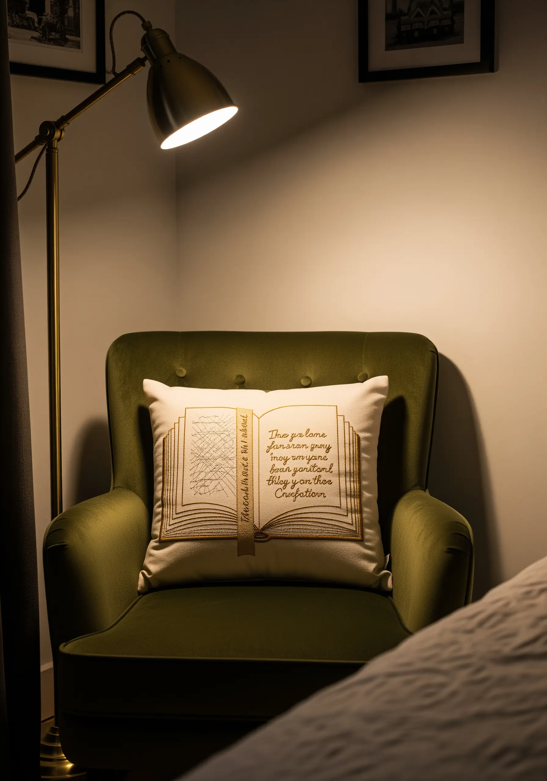 Embroidered open book with text on a cream cushion in a cozy reading nook.