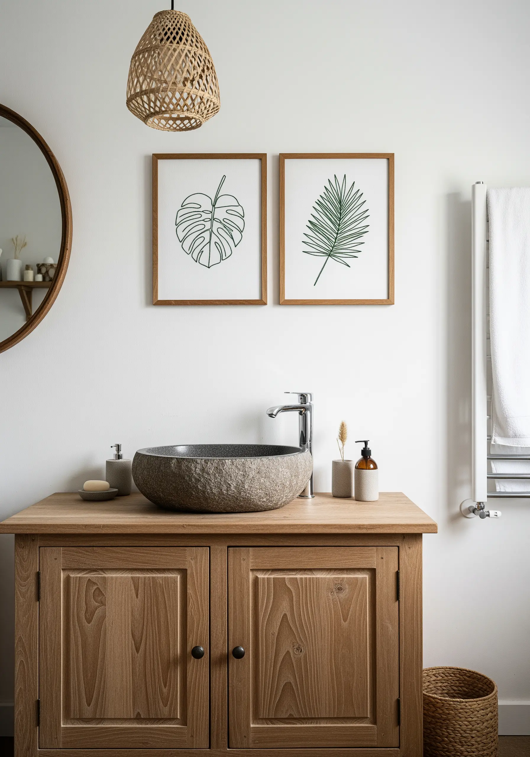 Two framed embroidery pieces with simple green line art of a monstera and palm leaf.