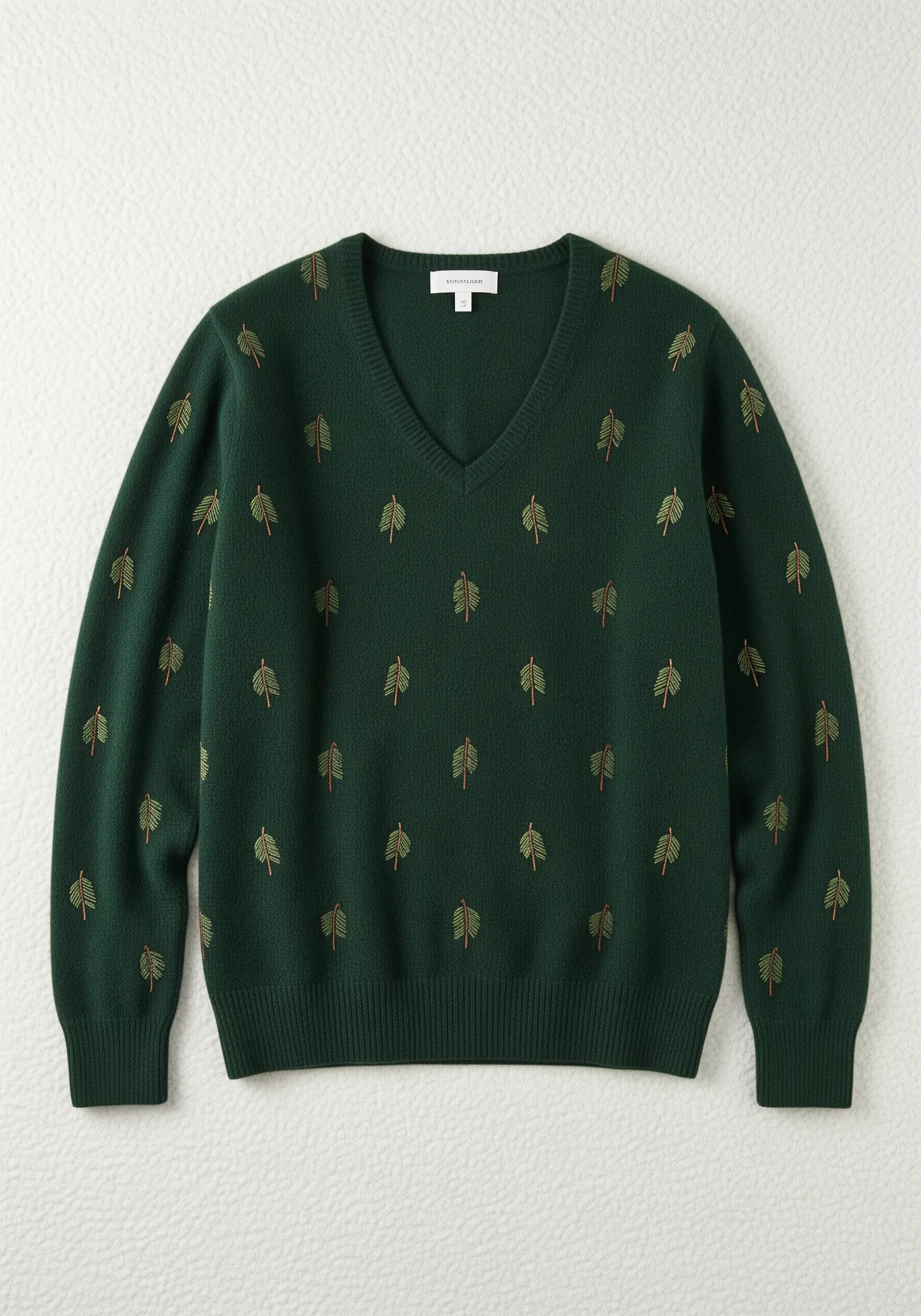 A repeating pattern of tiny, minimalist embroidered pine trees on a dark green sweater.