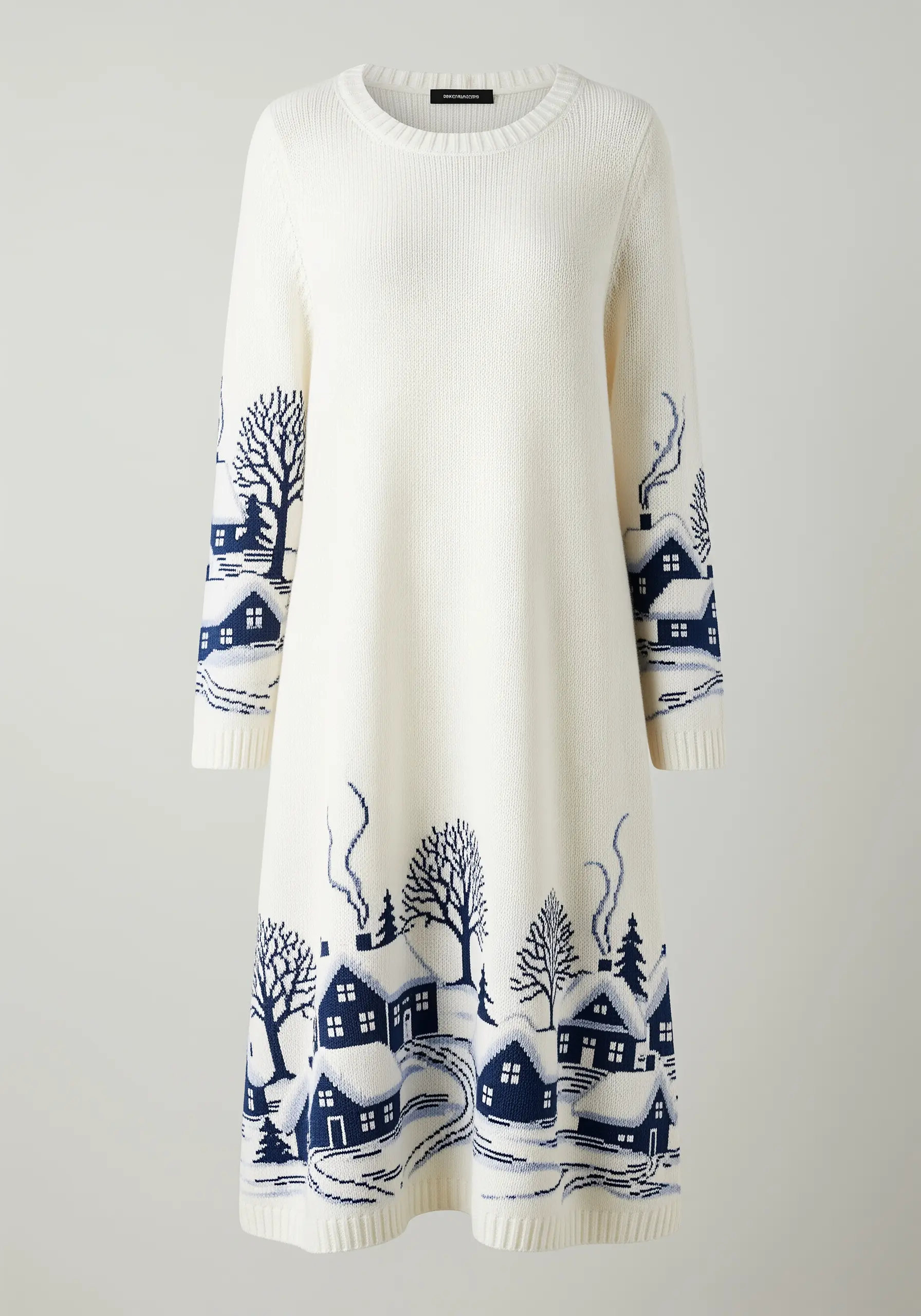 A blue and white winter village scene patterned on the hem of a sweater dress.