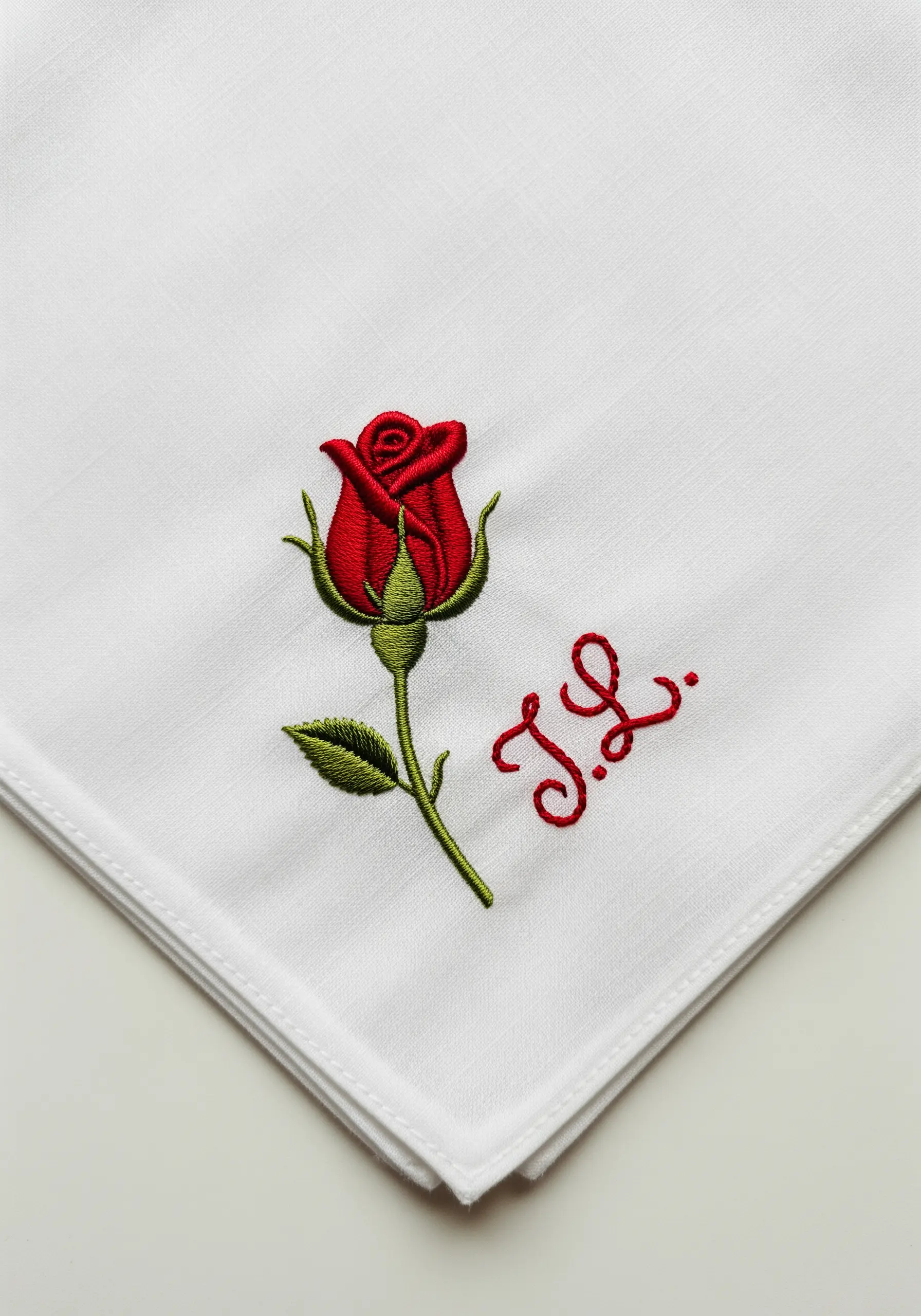 A single red rosebud with initials embroidered in the corner of a white handkerchief.