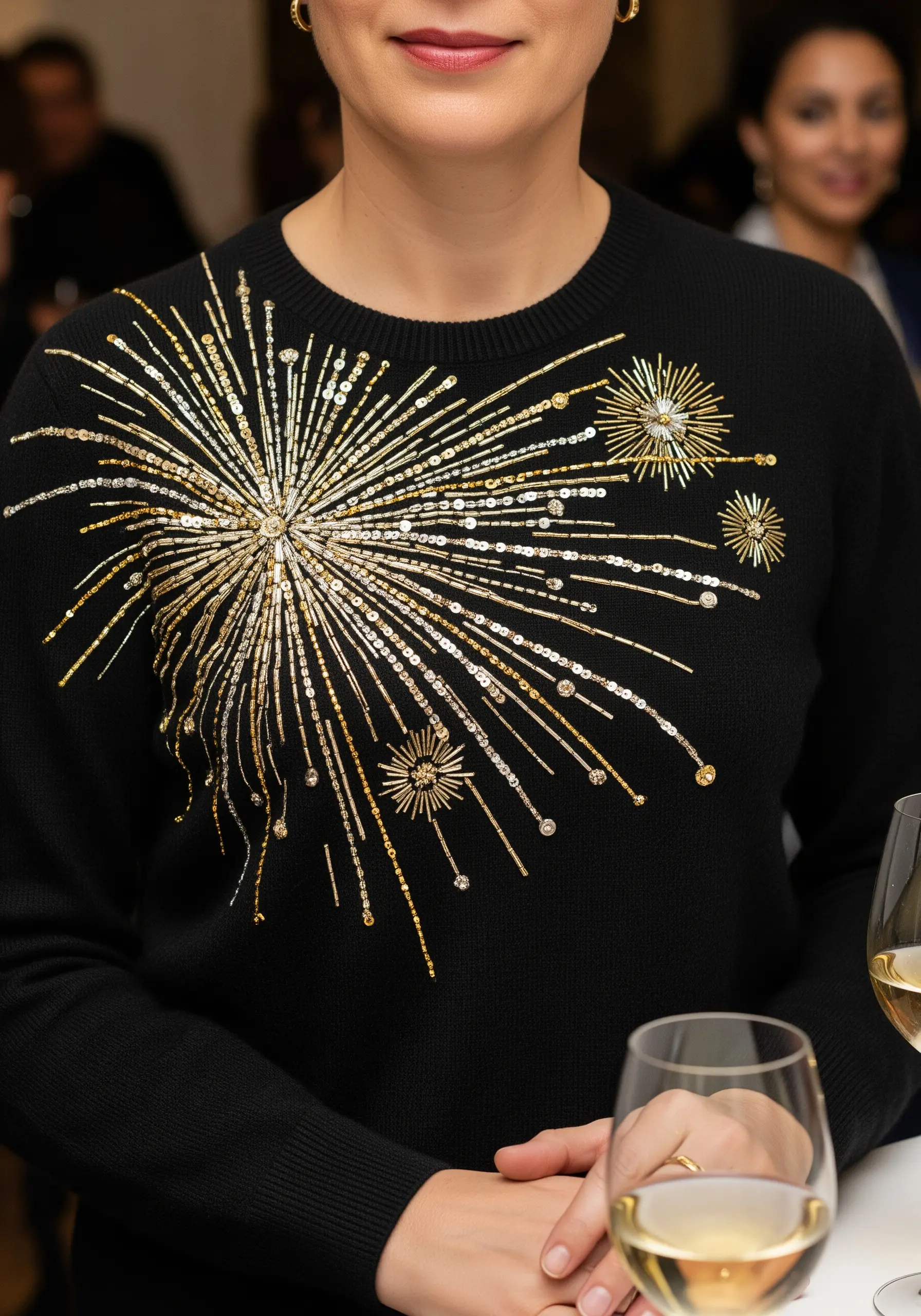 Gold and silver beaded firework embroidery on a black sweater.
