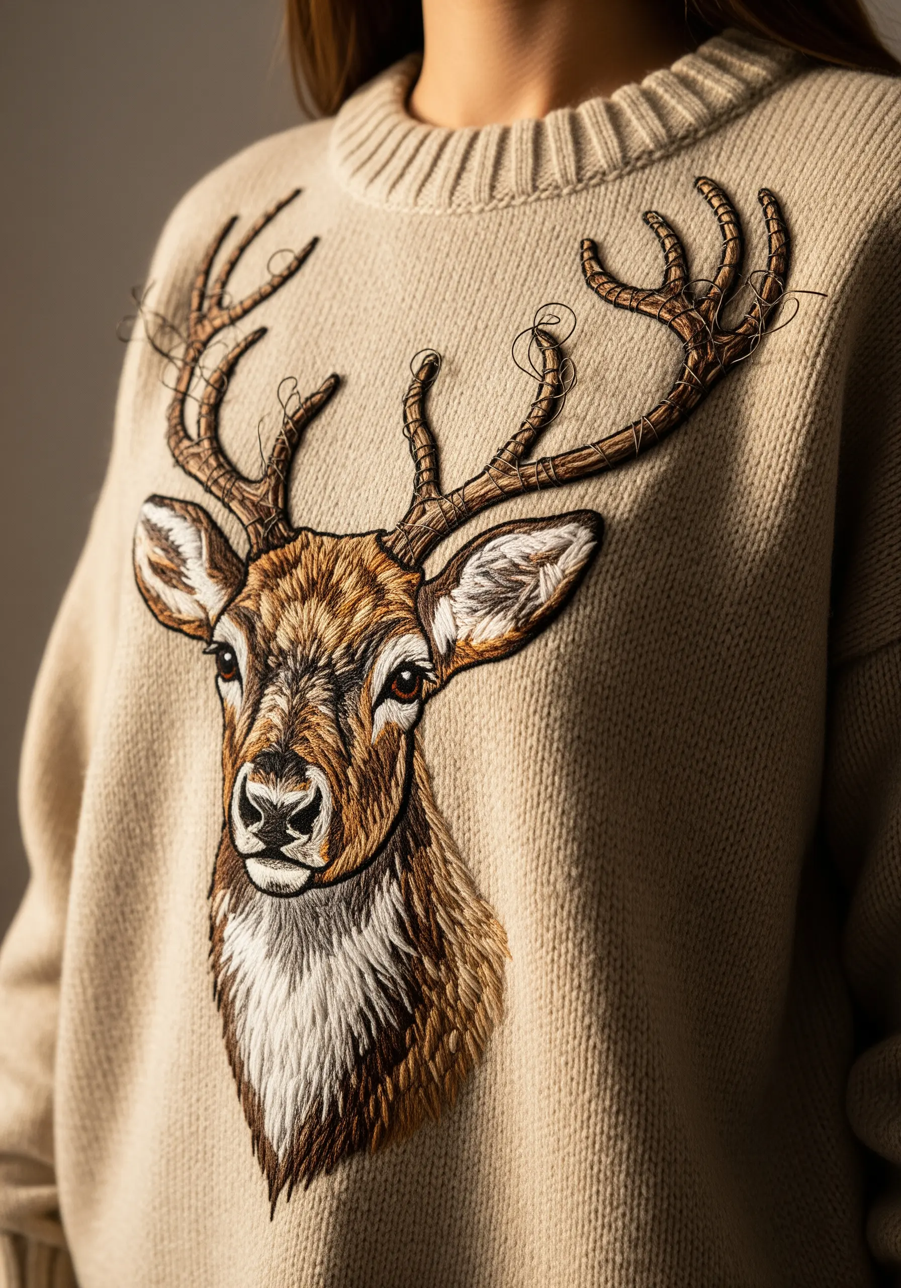 A highly detailed, thread-painted portrait of a deer on a beige sweater.