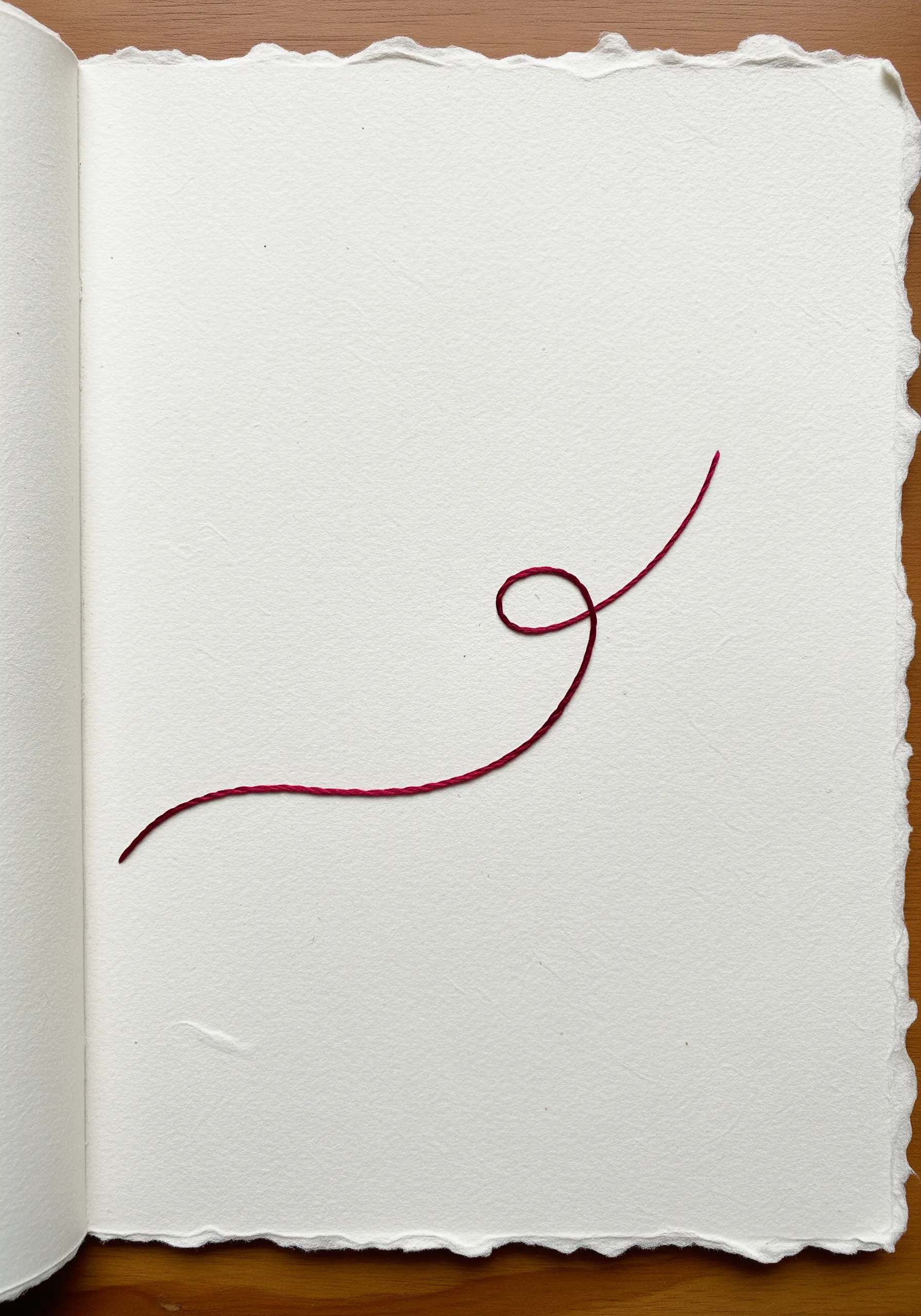 A single red thread stitched into a simple, elegant swirl on textured white paper.