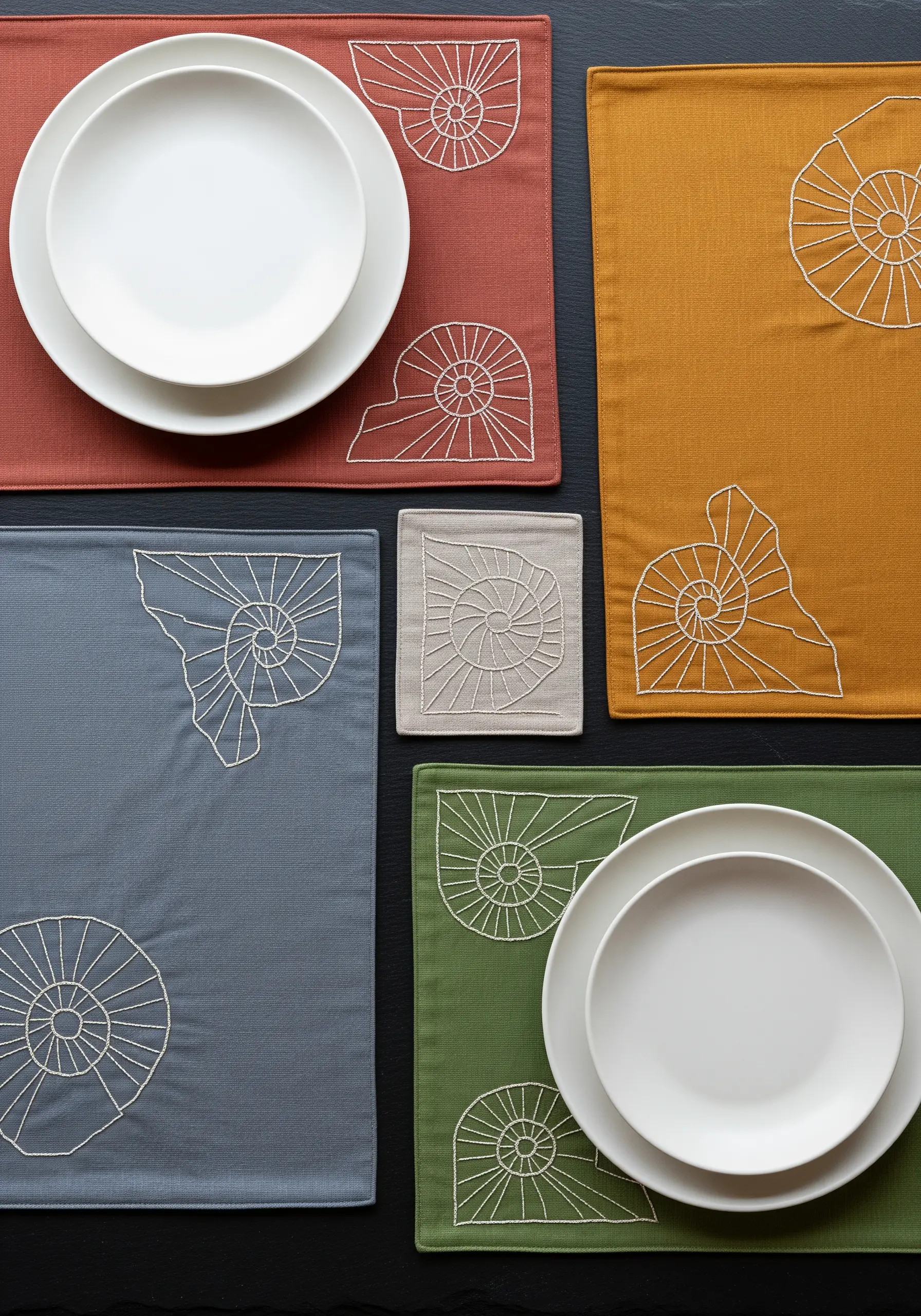 Minimalist line art of a fossil shell embroidered on colorful placemats.