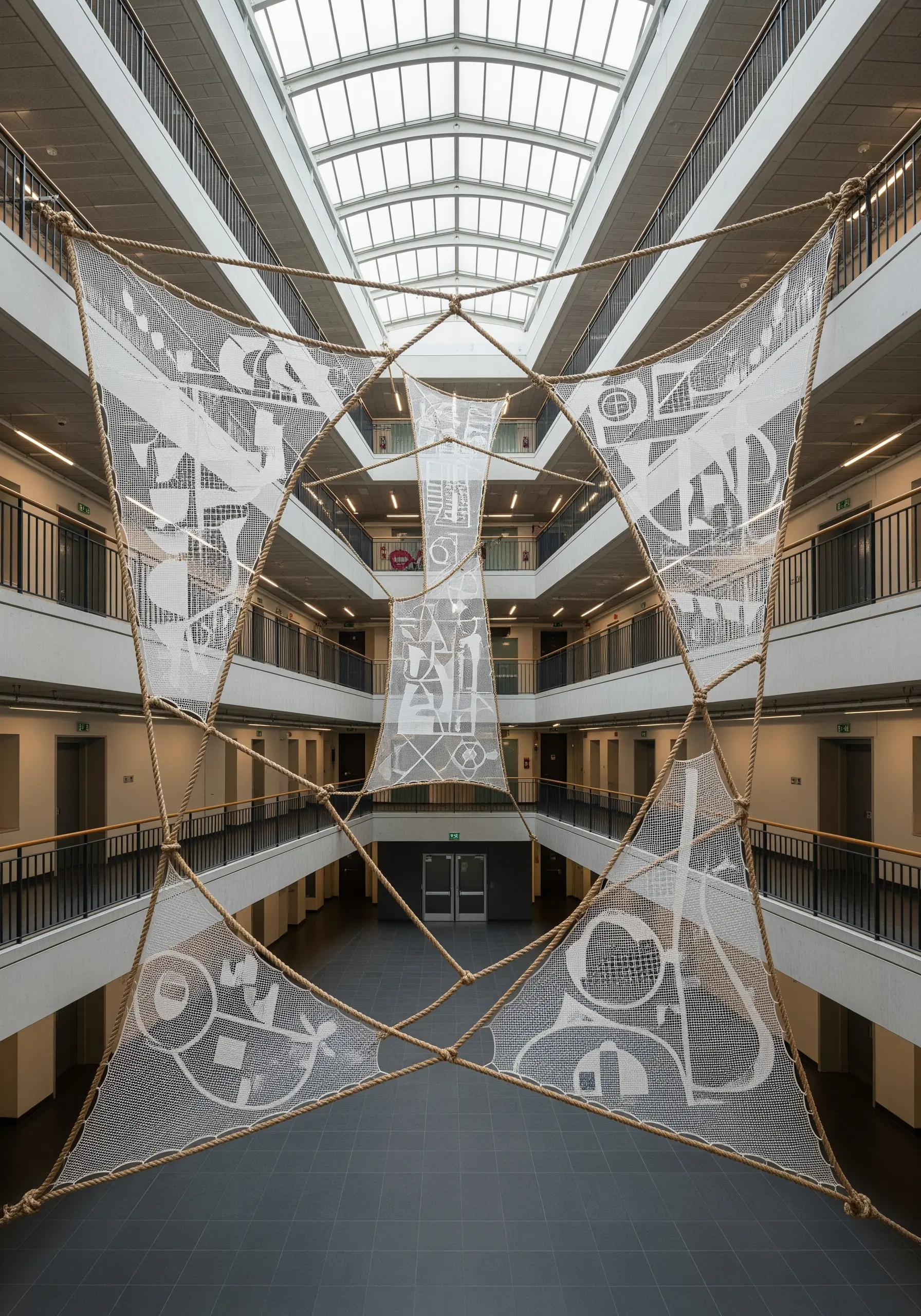 A massive white net with woven patterns suspended in the atrium of a modern building.