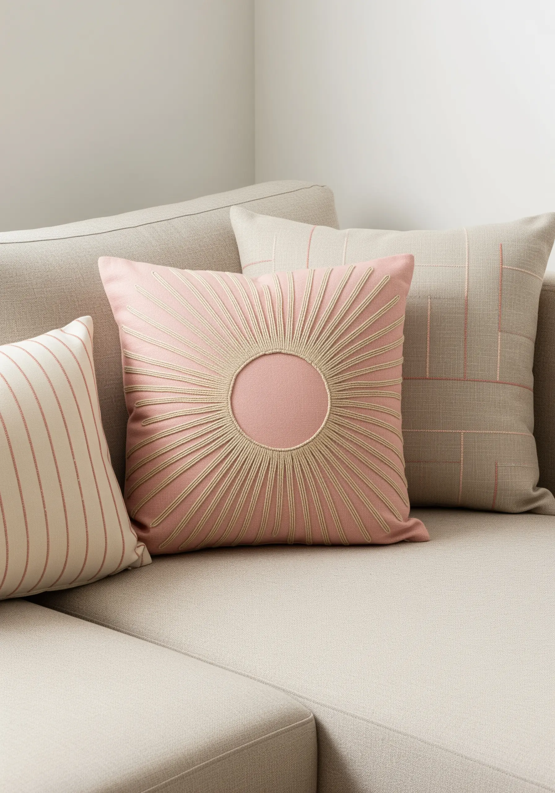 A pink pillow with a sunburst motif created with straight stitches and a couched cord center.