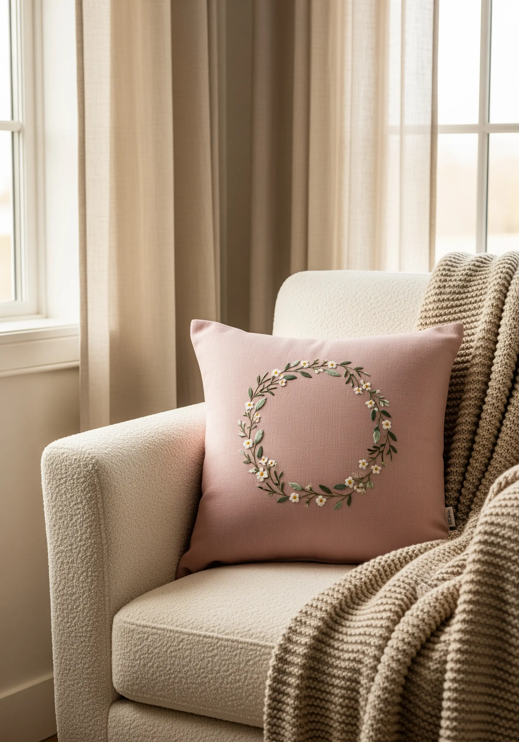 A delicate embroidered wreath of green leaves and white flowers on a dusty rose pillow.