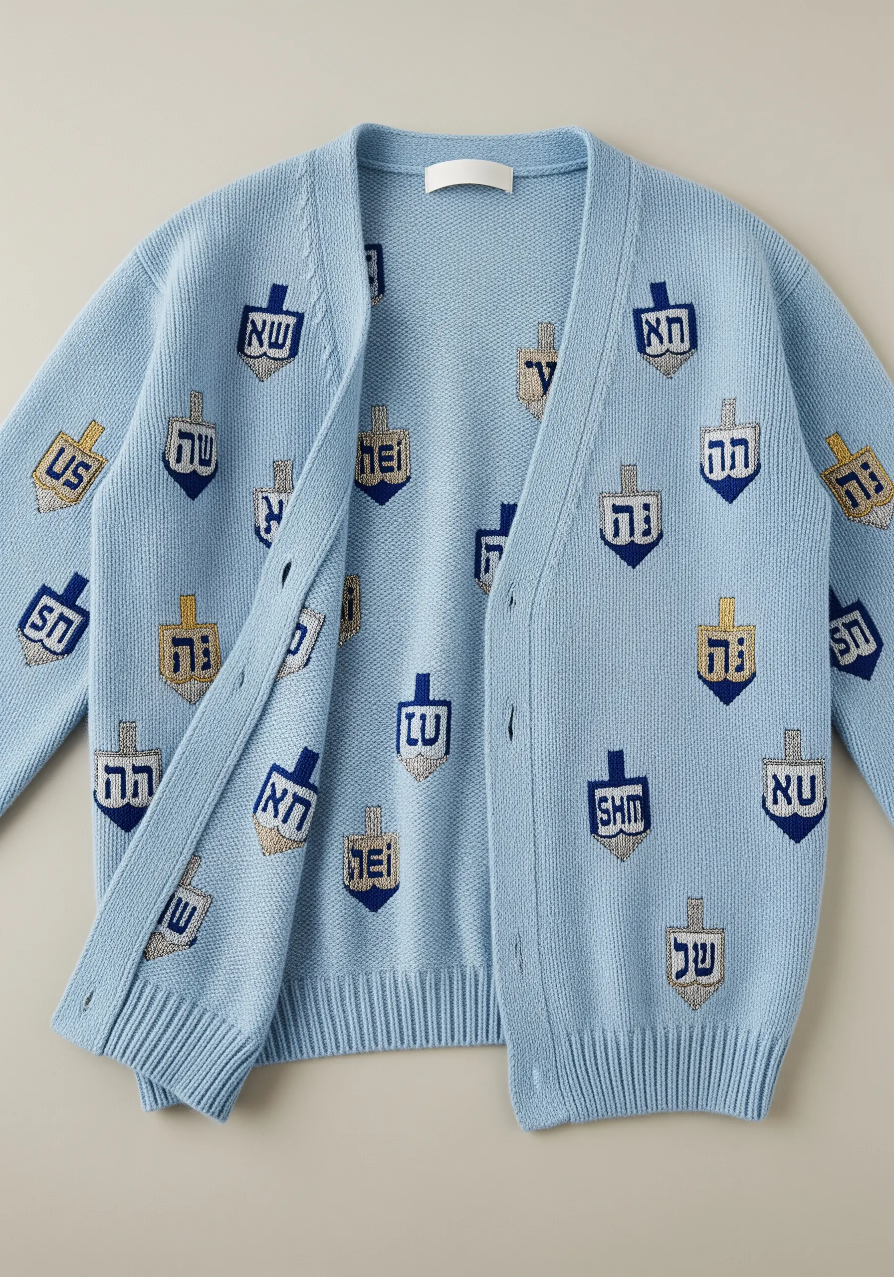 An all-over pattern of embroidered dreidels on a light blue cardigan.