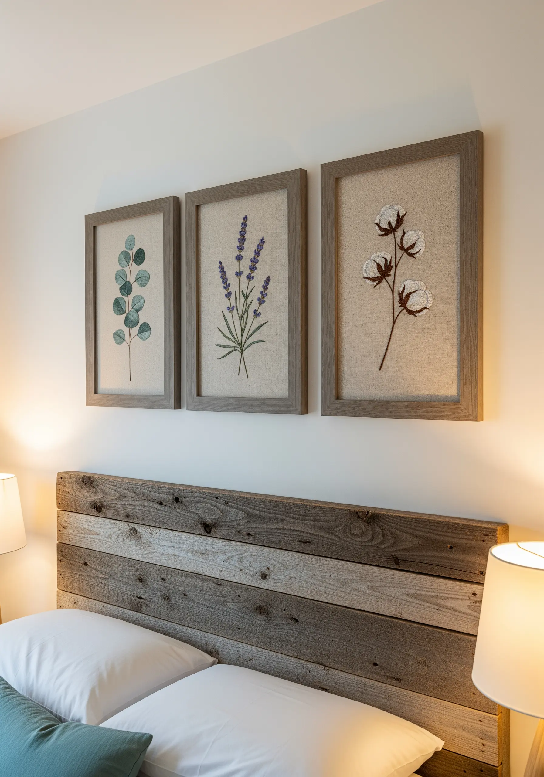 A triptych of framed botanical embroidery—eucalyptus, lavender, and cotton—above a bed.