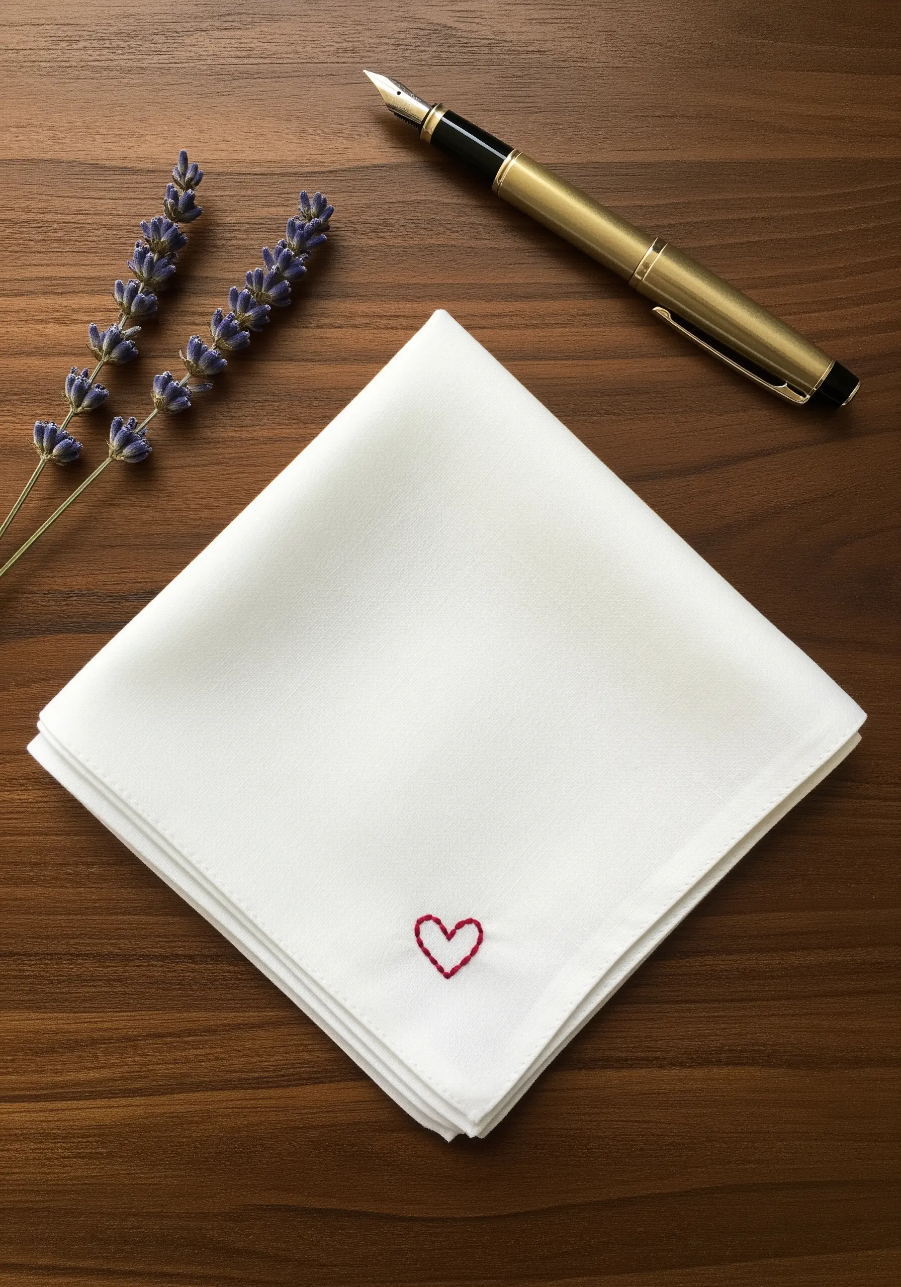 A single, fine-thread heart embroidered in red on the corner of a white handkerchief.