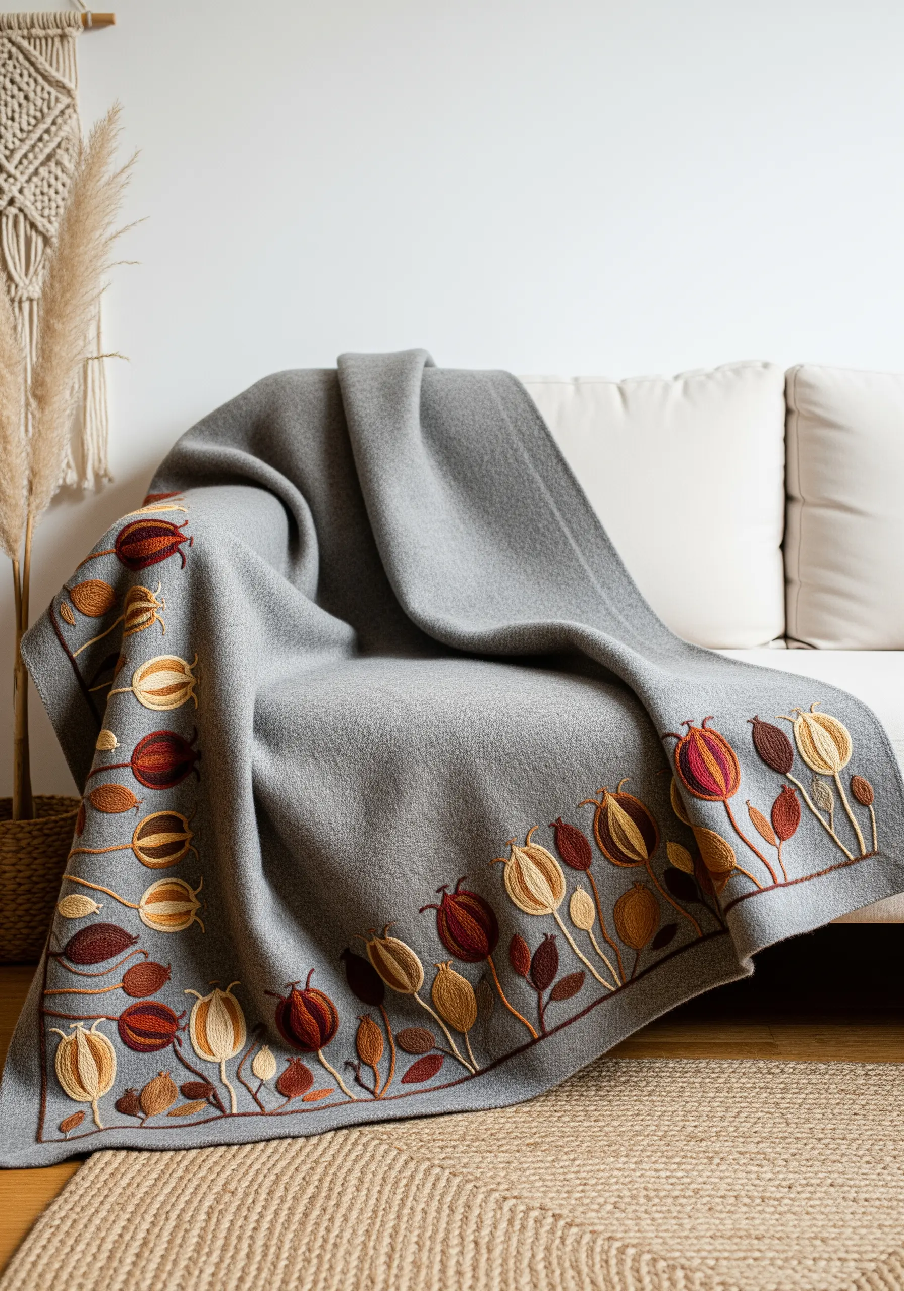 A grey blanket with an embroidered border of seed pods in warm earth-tone gradients.