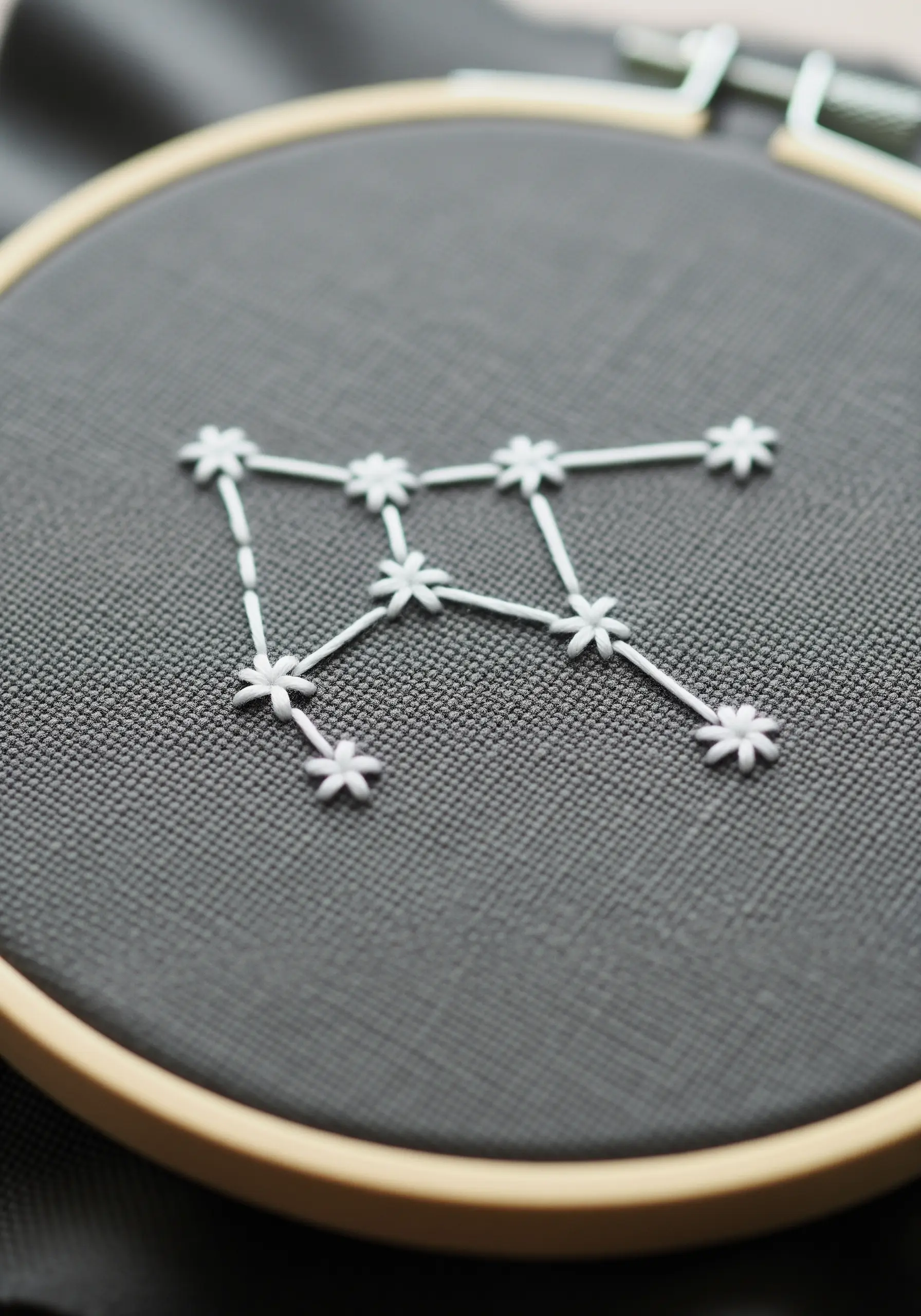 A constellation embroidered with white star stitches and backstitch on dark grey fabric.