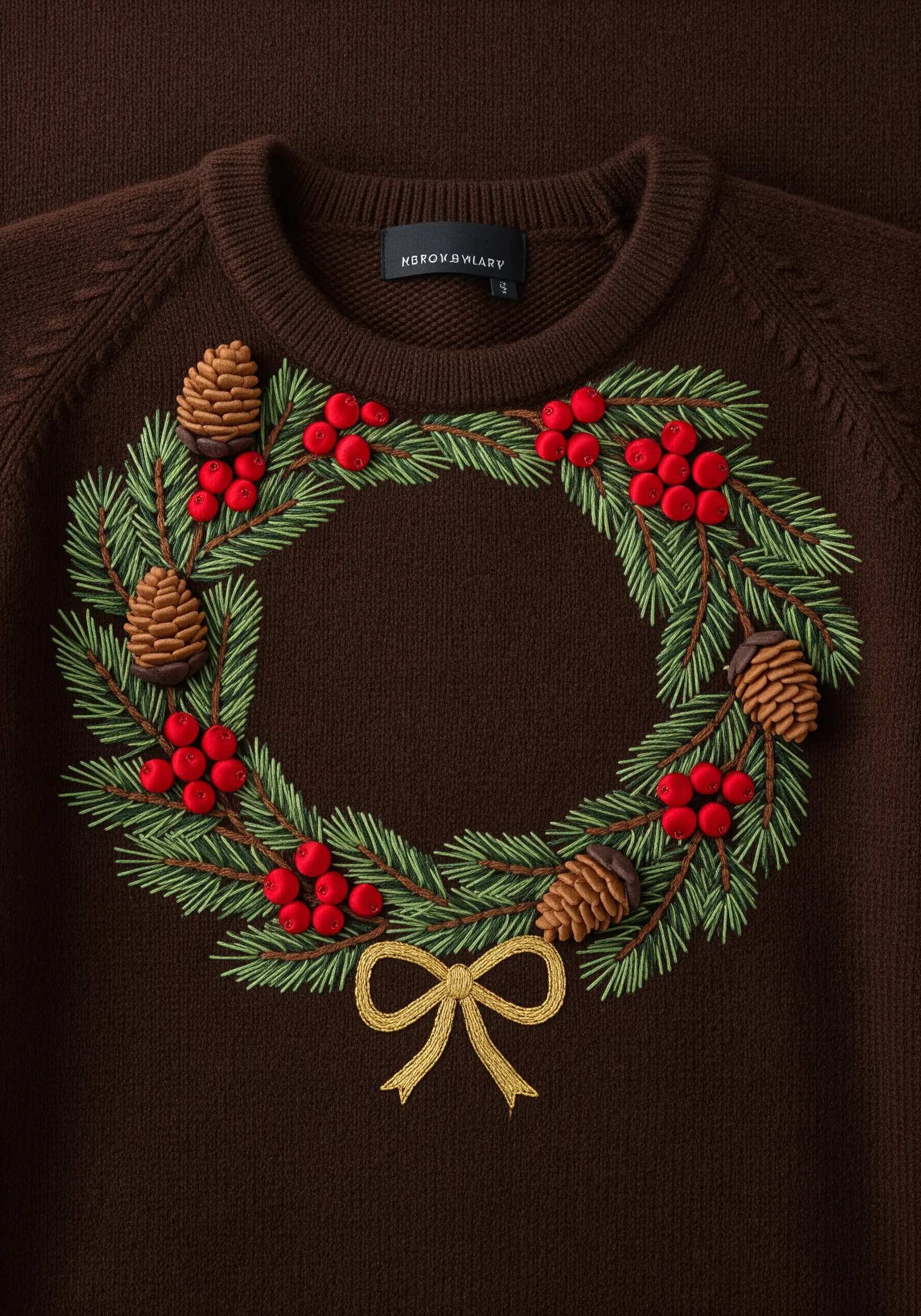 A detailed embroidered wreath with 3D pinecones and red berries on a brown sweater.