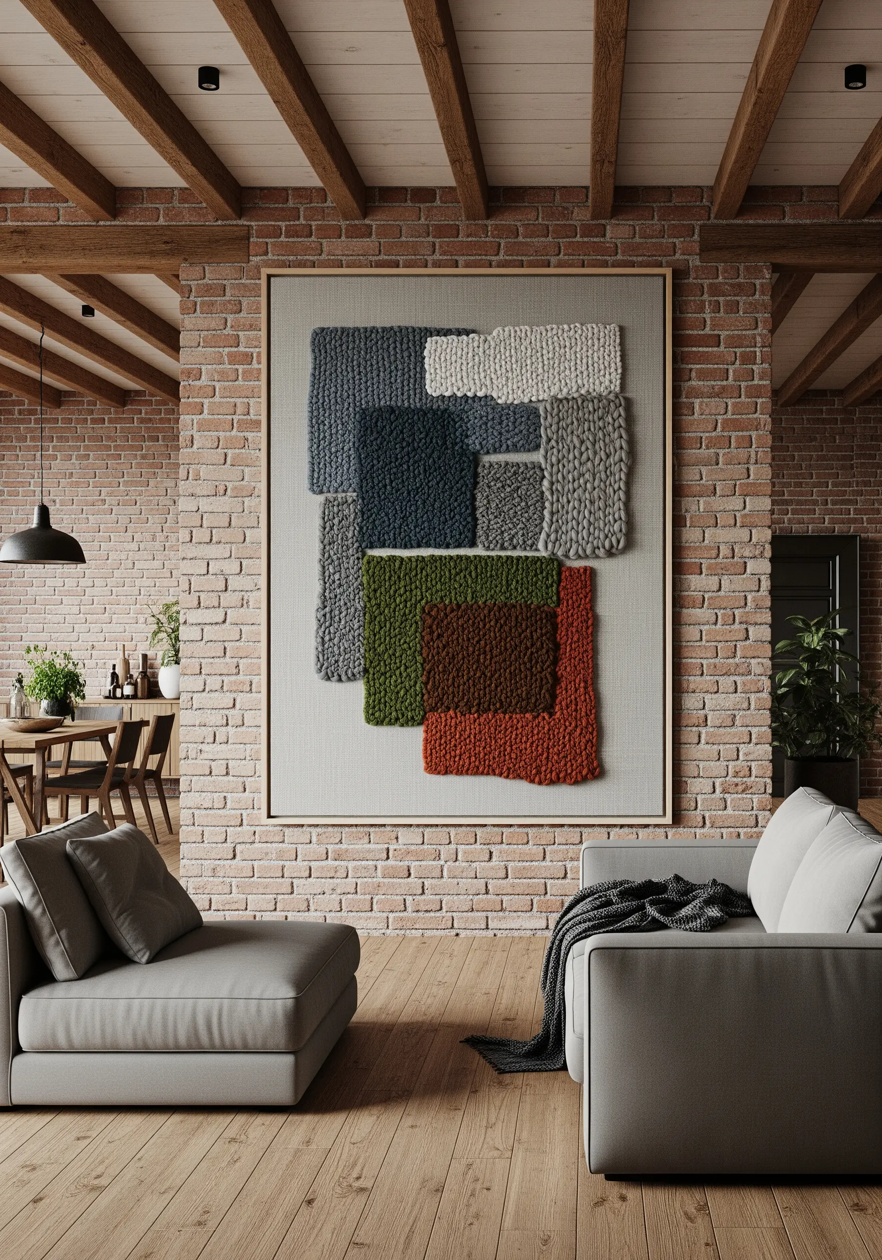 Large framed textile art with geometric blocks of woven, textured yarn in muted colors.