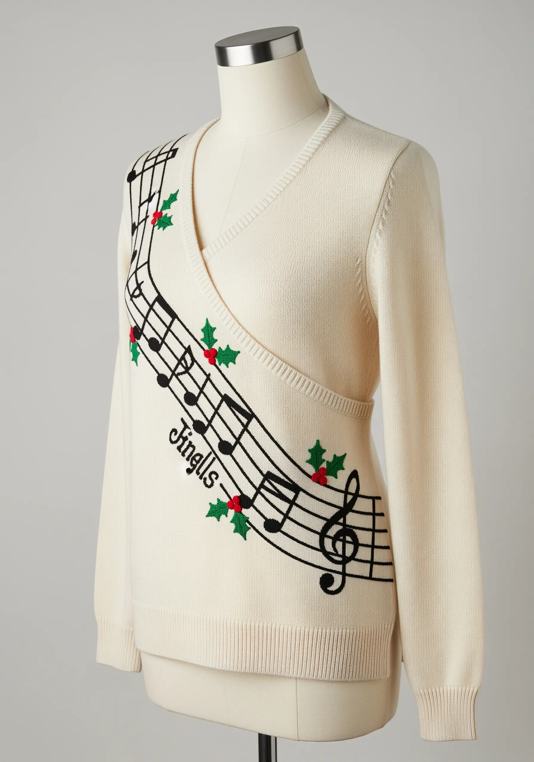 Musical notes and holly embroidered along the edge of a cream wrap sweater.