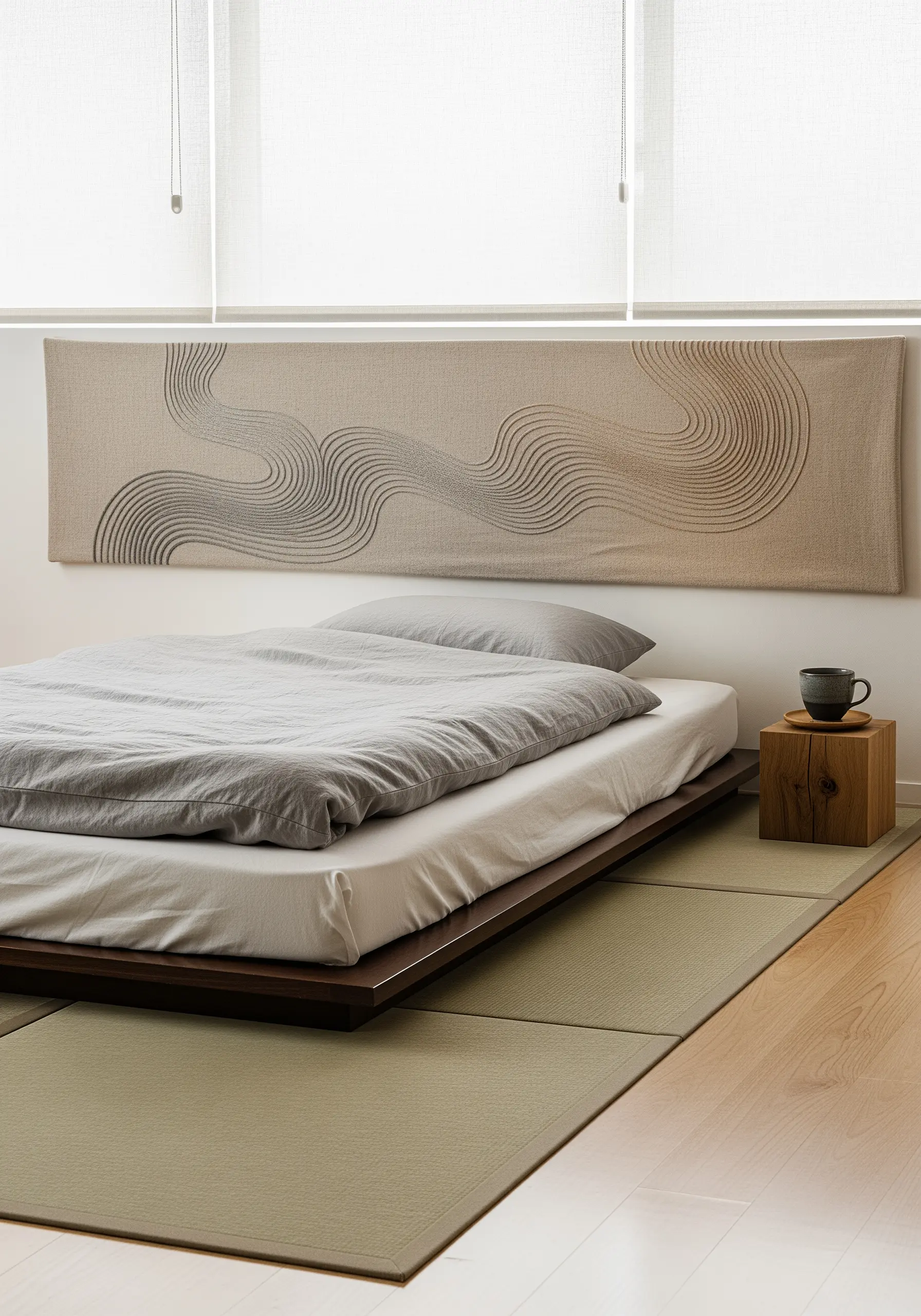 A long, rectangular embroidery with flowing parallel lines in a neutral palette.