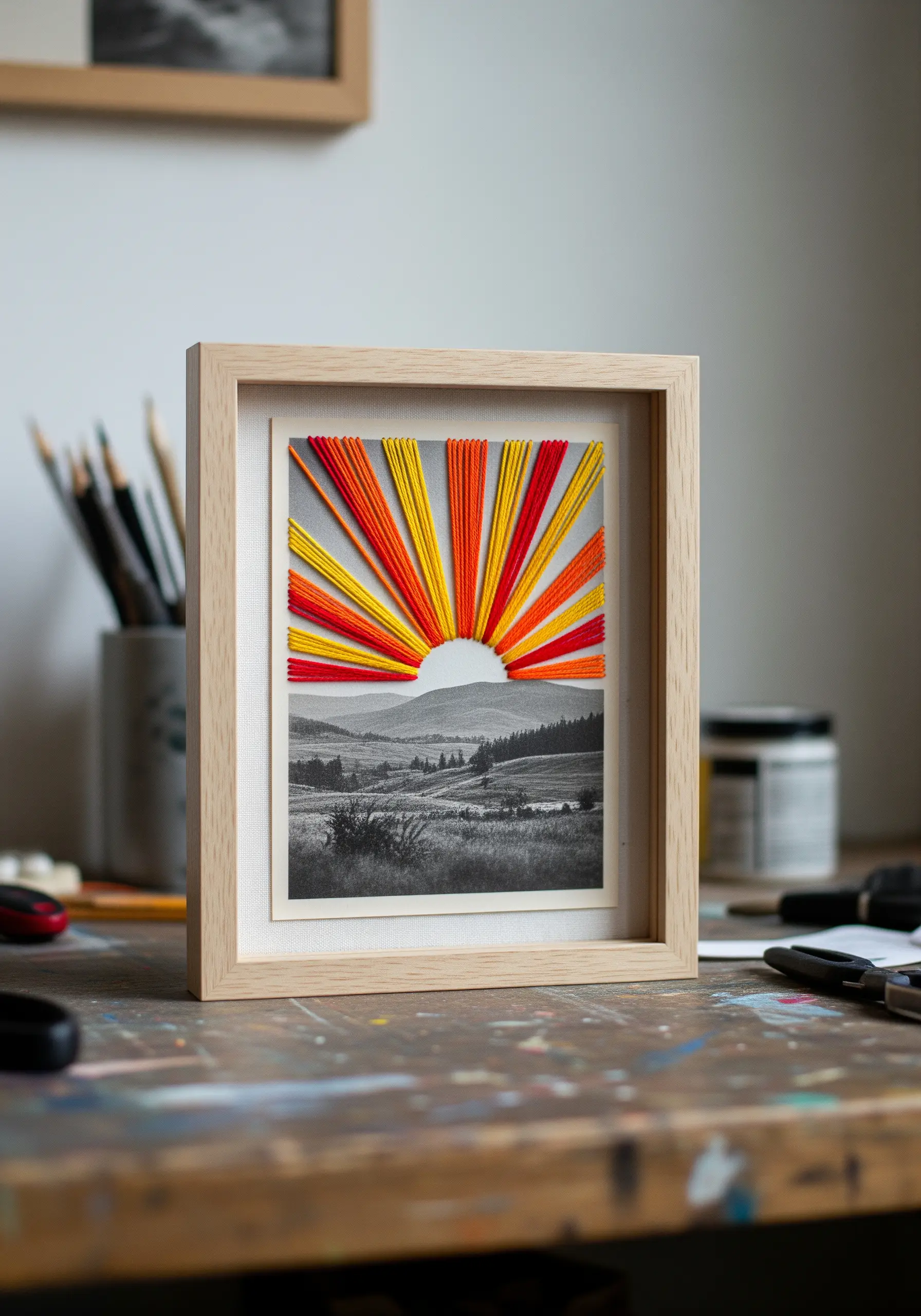 A black-and-white landscape photo with vibrant thread stitched over it to form a sunburst