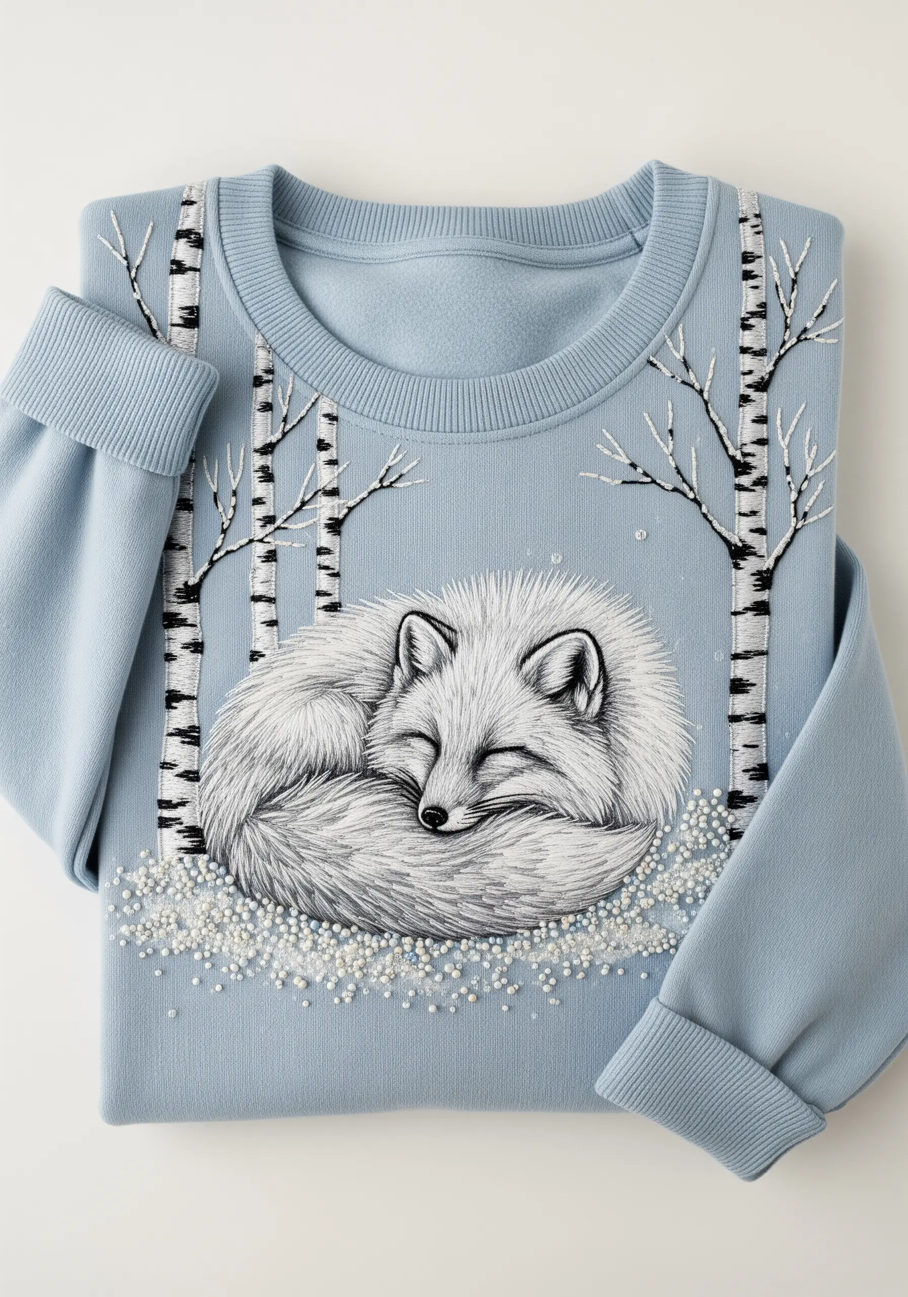 Thread-painted arctic fox with beaded snow detail on a blue sweater.