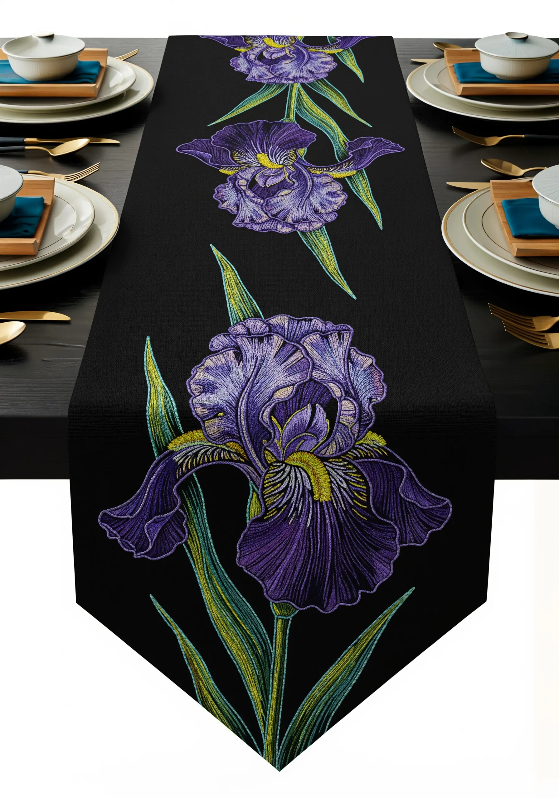Detailed thread-painted iris flower in shades of purple and yellow on a black runner.