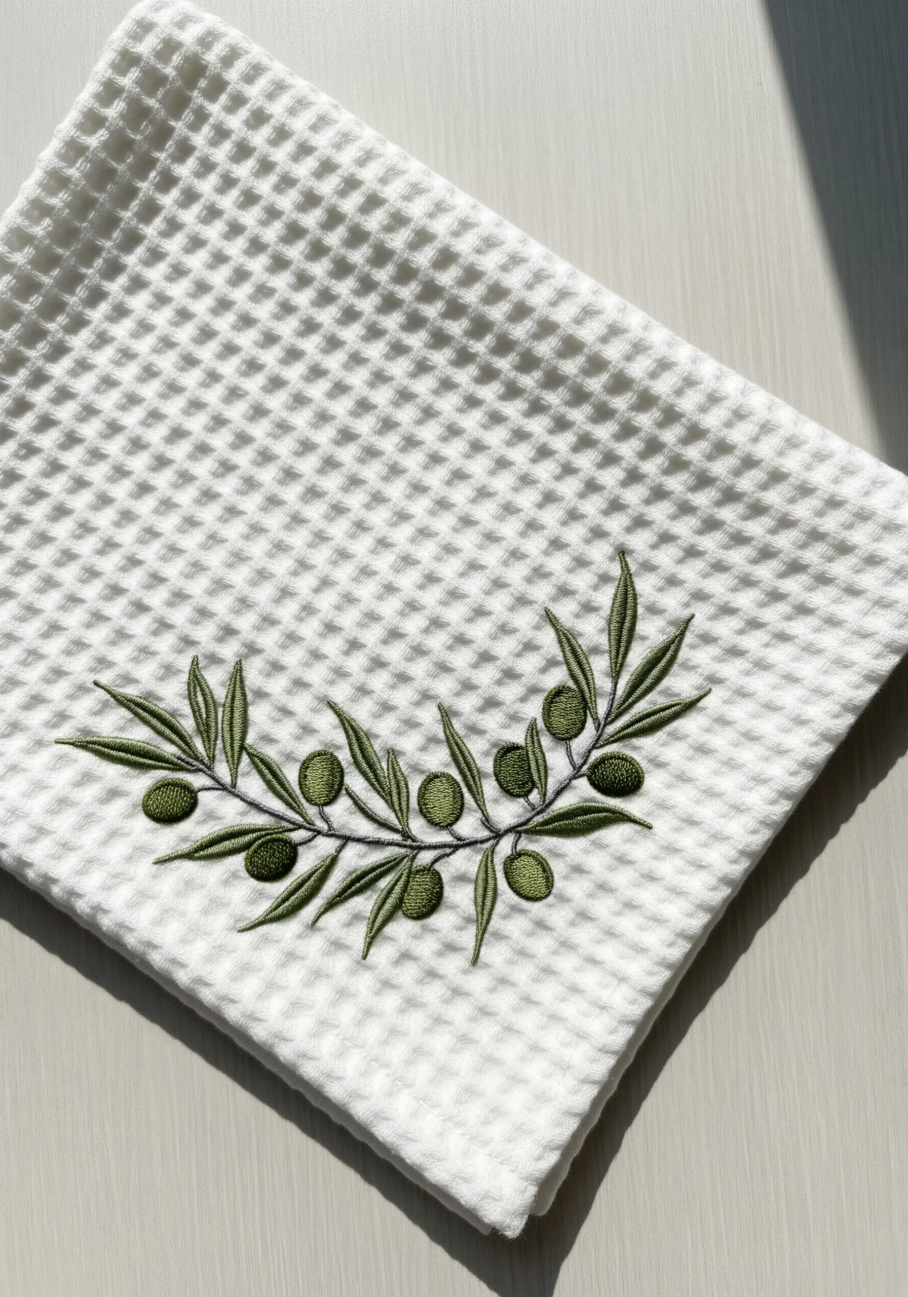 An olive branch embroidered on a white waffle-weave towel with satin-stitched olives.