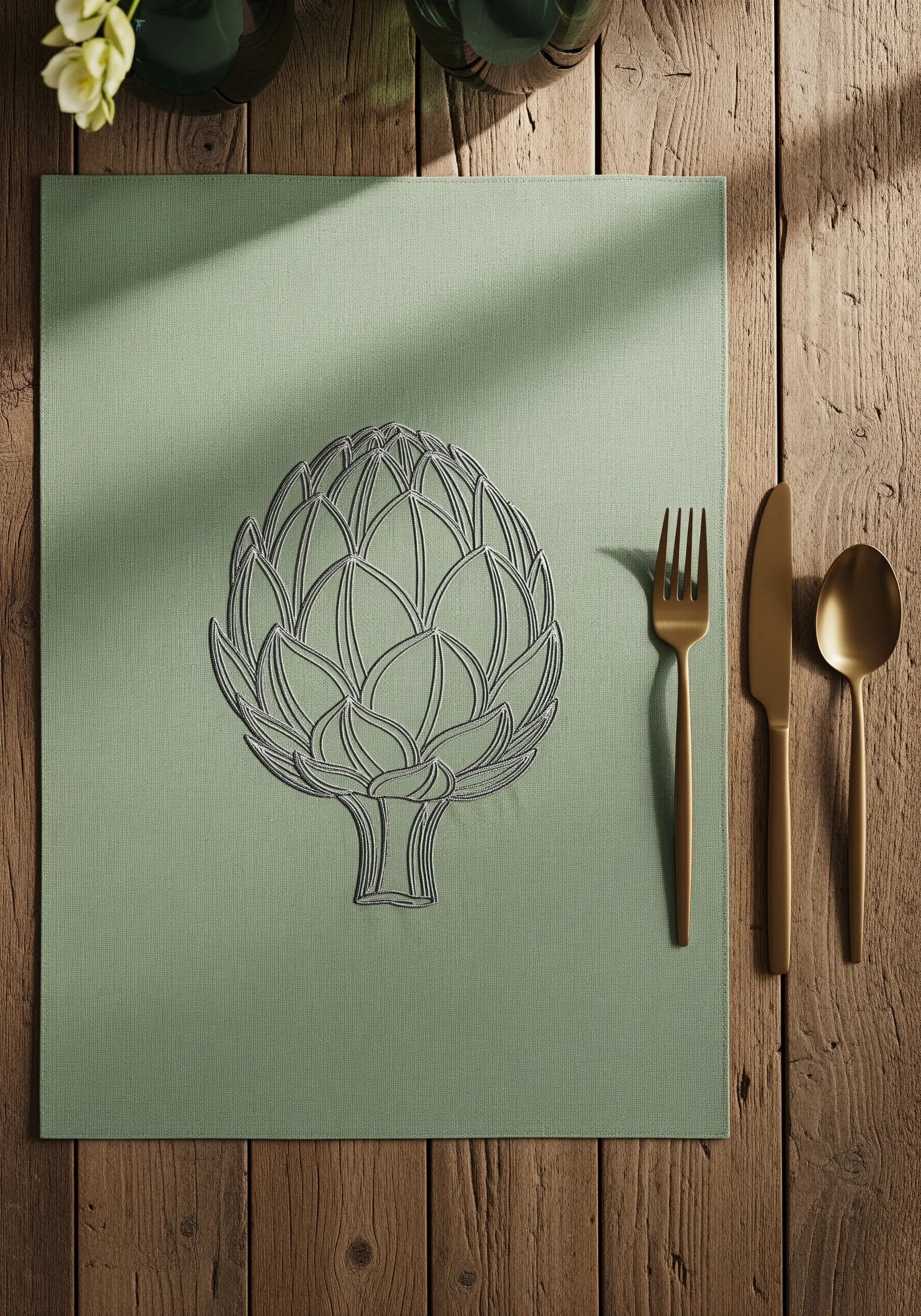 Tonal grey embroidery of an artichoke on a sage green placemat.