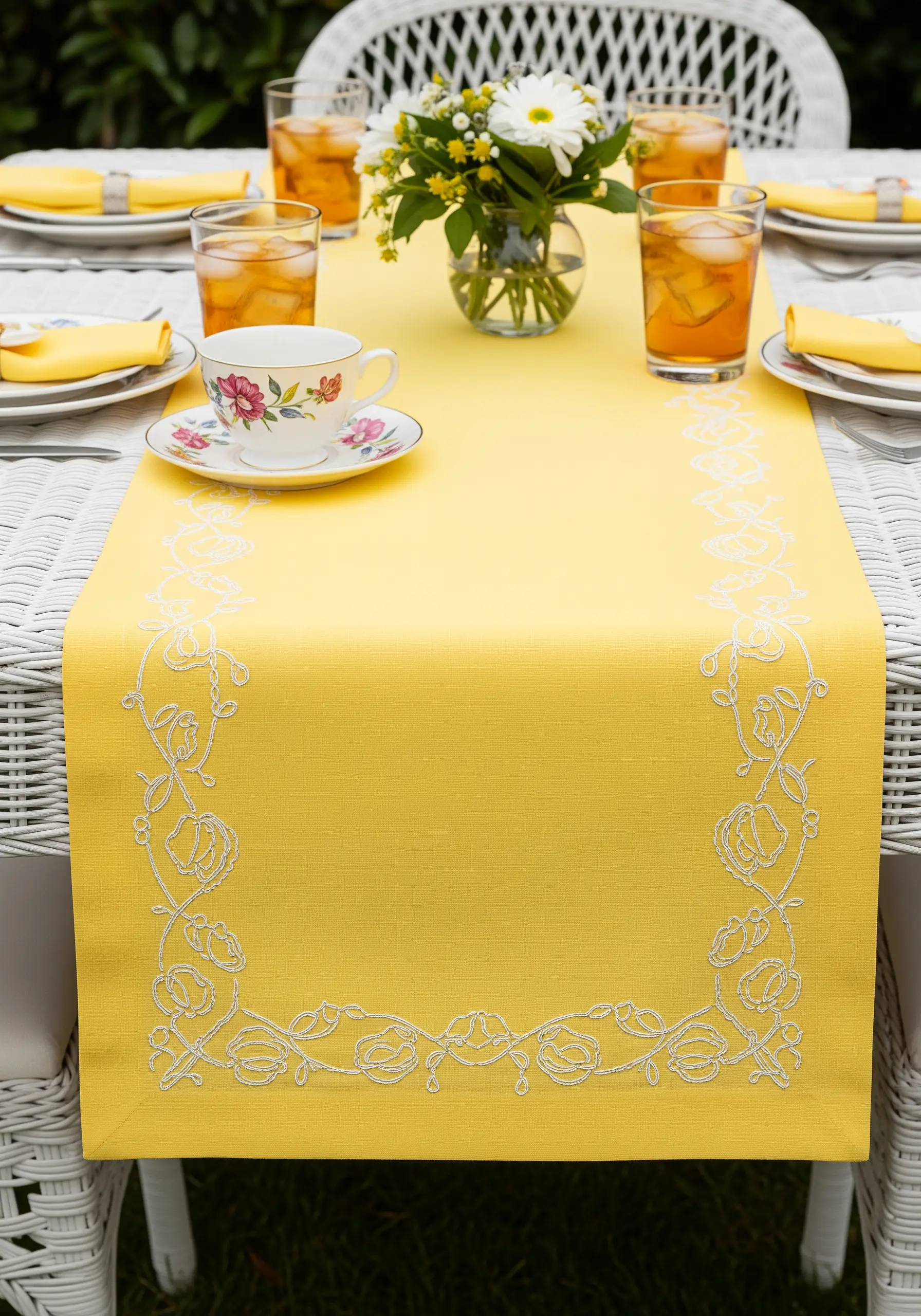 White outline embroidery of a floral border on a bright yellow table runner.