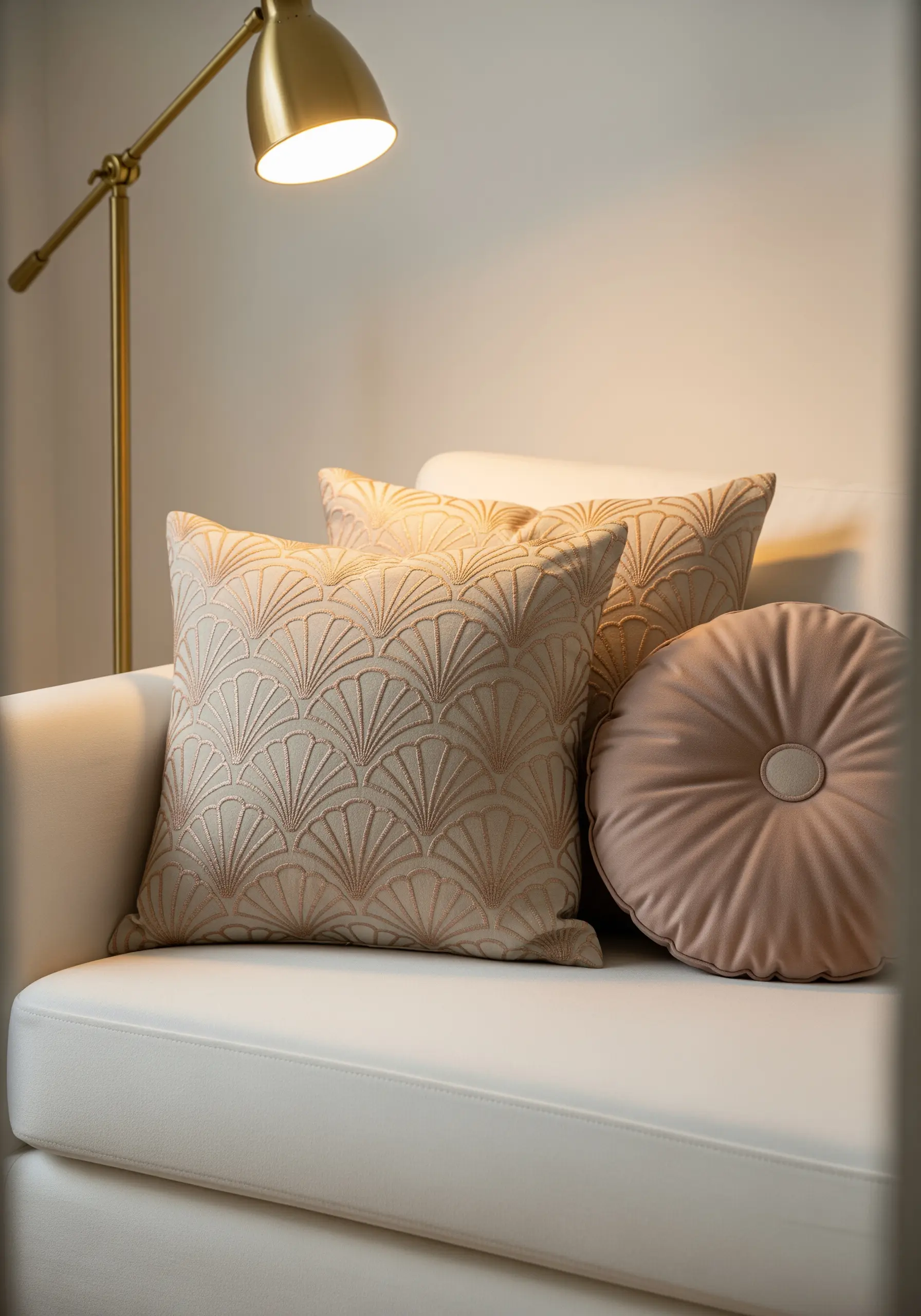 Beige pillow with an embroidered Art Deco fan pattern in a slightly darker thread.