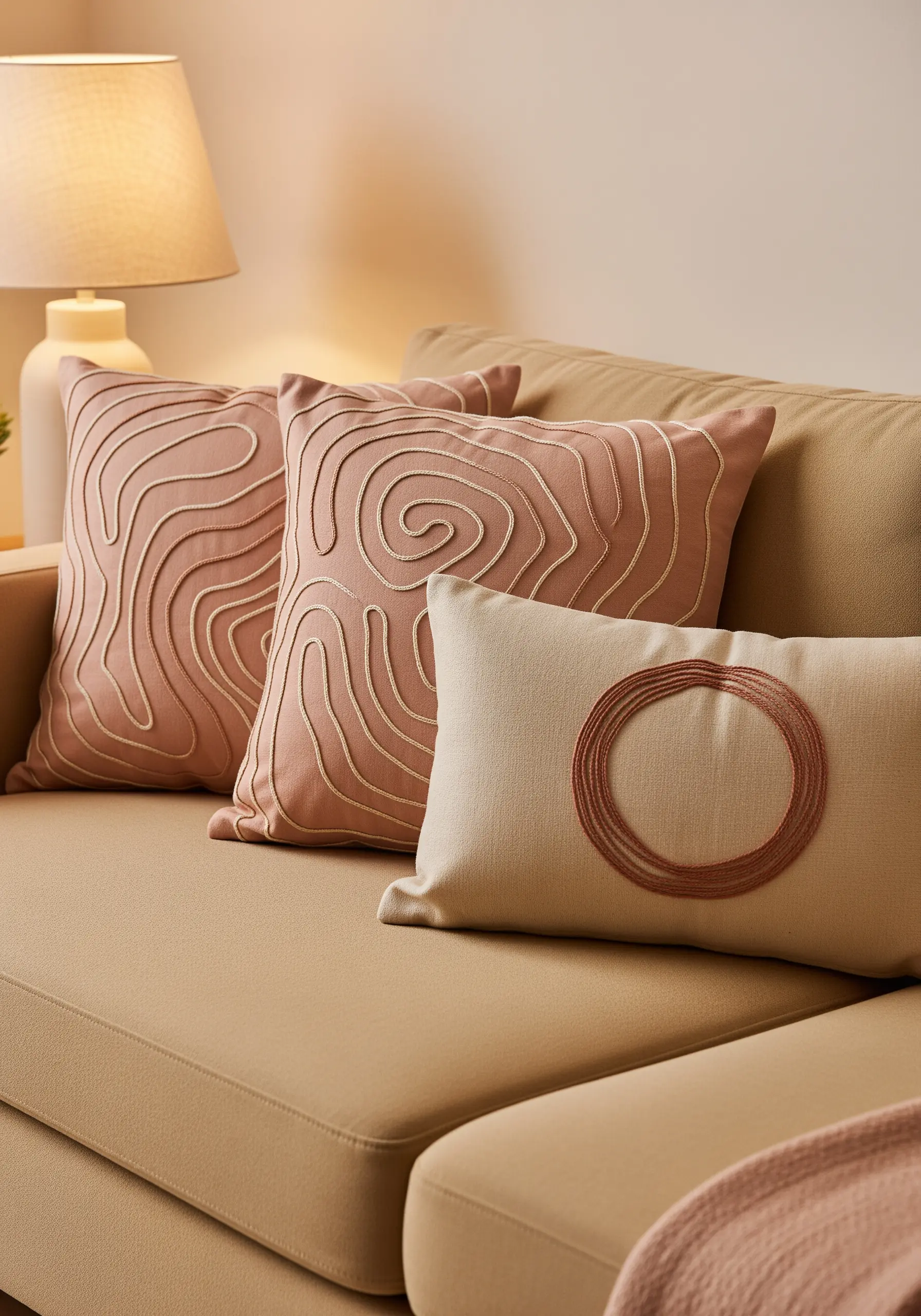 Swirling topographic-style lines embroidered on blush and beige pillows.