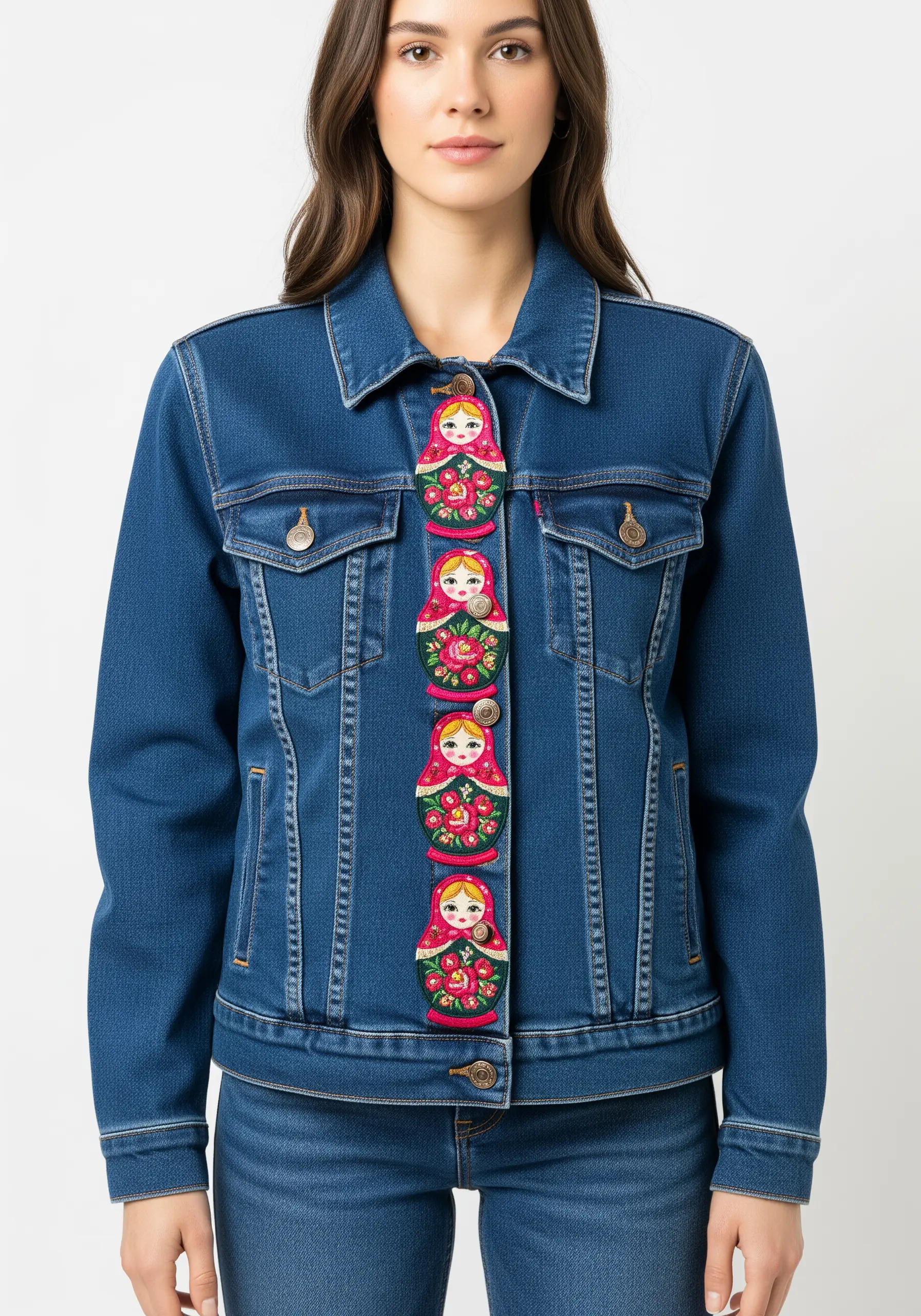 A row of colorful Russian Matryoshka dolls embroidered along the button placket of a denim jacket.