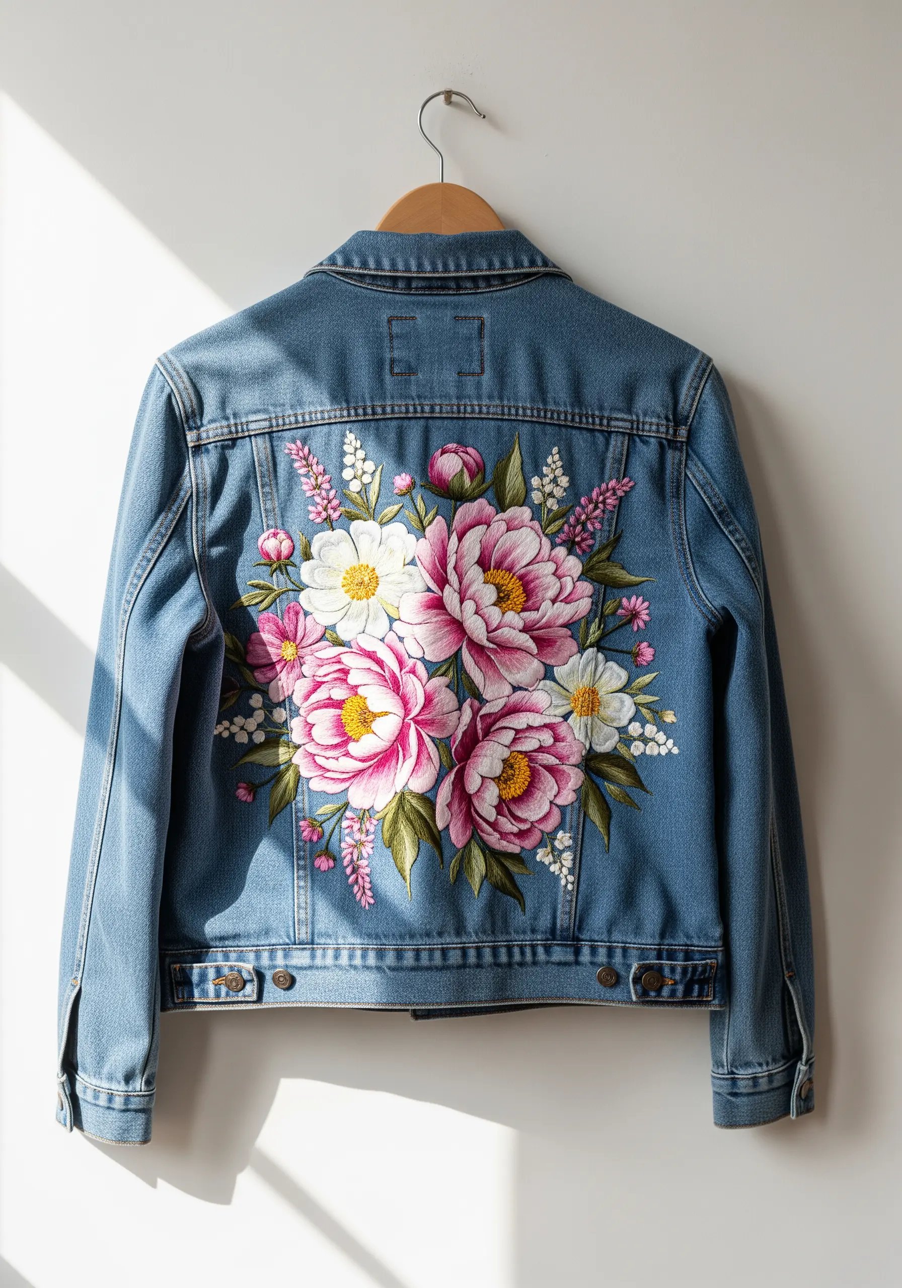 Large thread-painted floral bouquet with pink peonies on the back of a denim jacket.