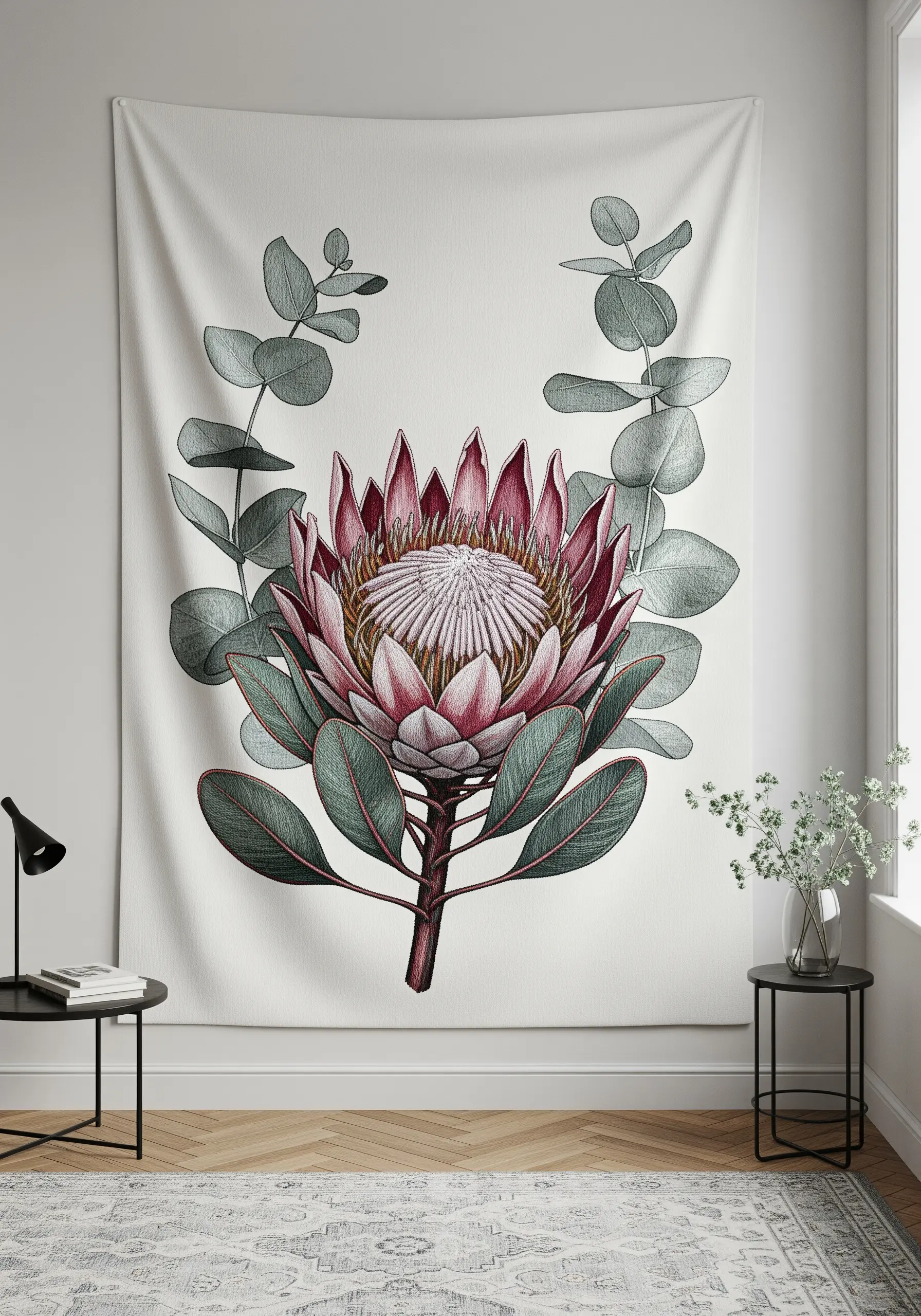 A large wall tapestry featuring a detailed embroidered illustration of a pink Protea flower.