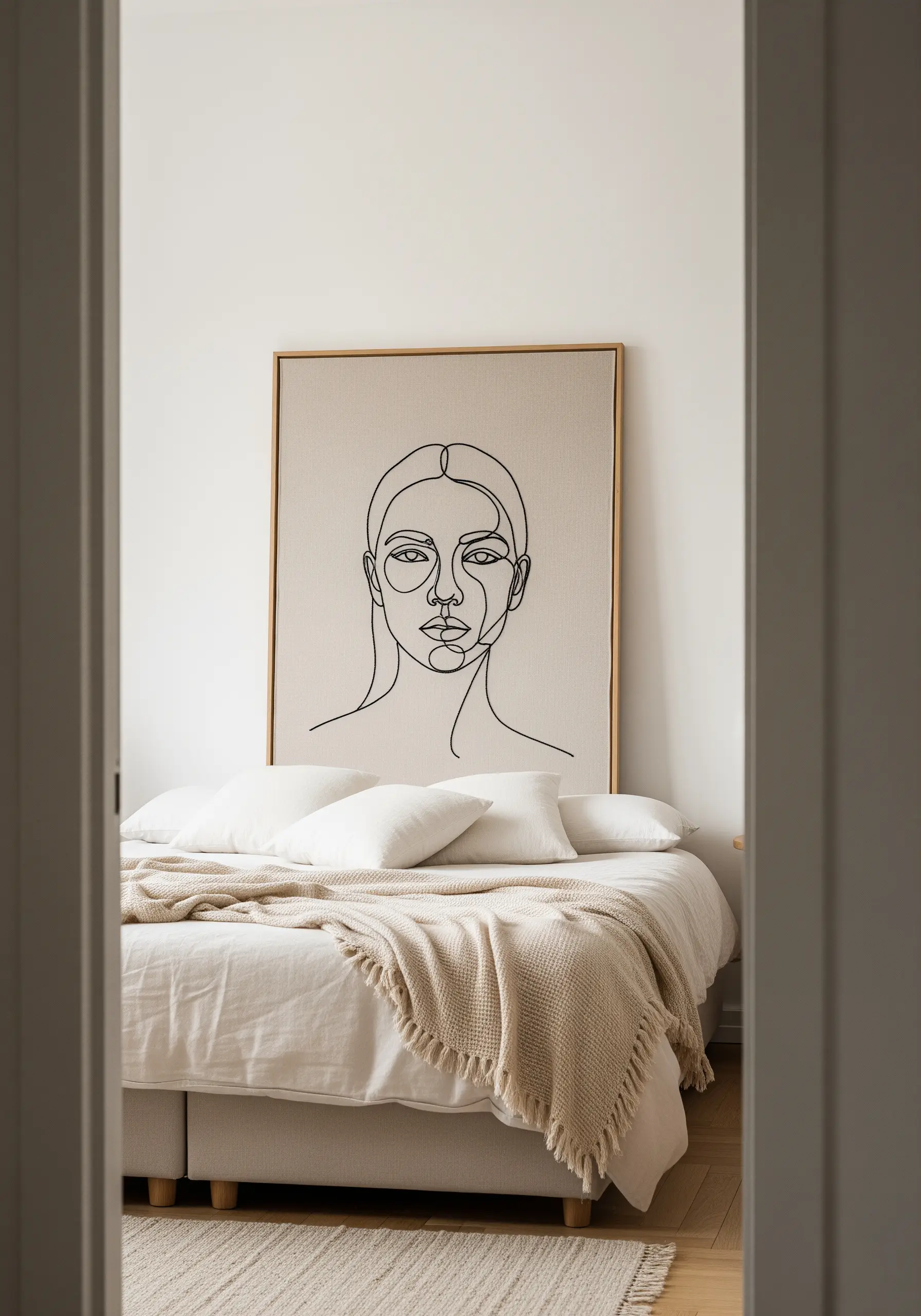A large framed canvas with a single-line embroidered portrait above a bed.
