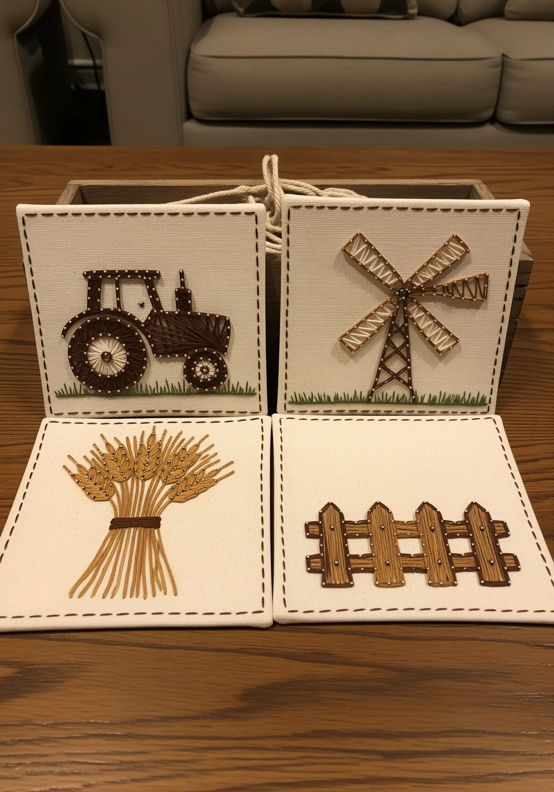 Four embroidered string art coasters with farm themes: tractor, windmill, wheat, and fence.