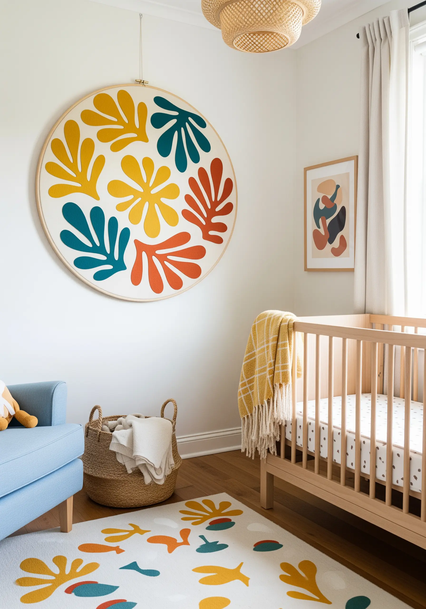 A large embroidery hoop with colorful, abstract floral shapes in a Matisse style
