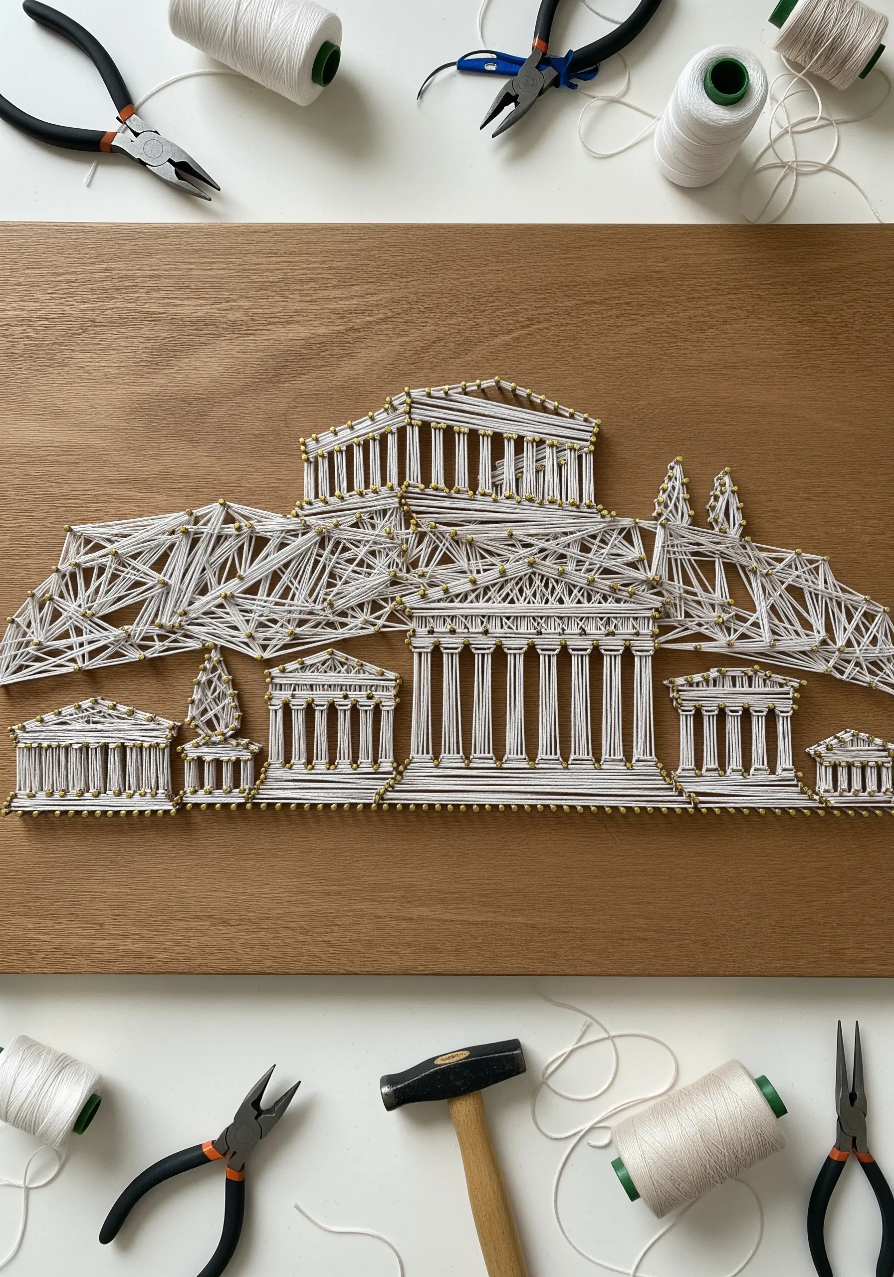 String art of the Athens Parthenon made with white thread and gold nails on a wooden board.