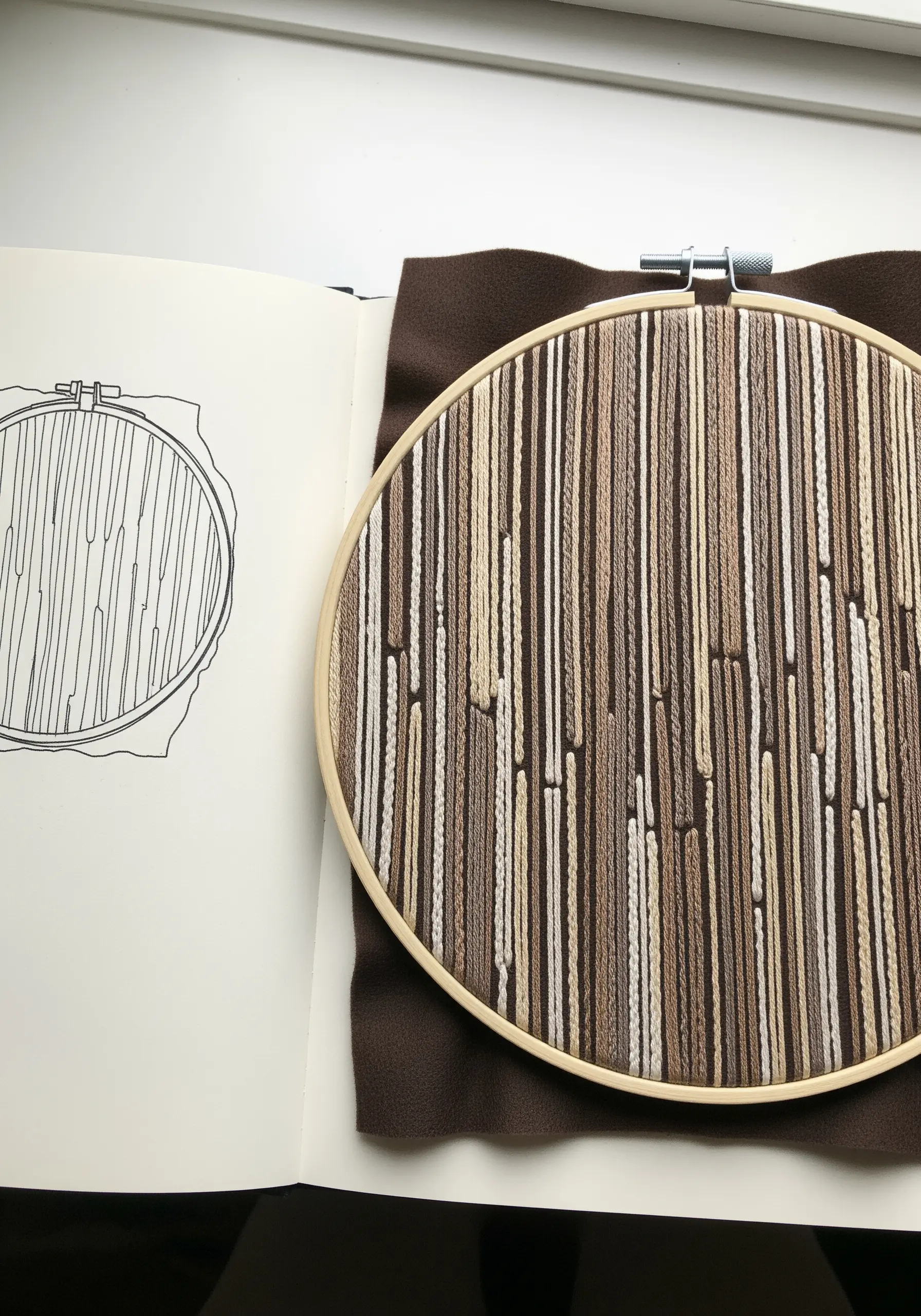 Embroidery hoop with vertical satin stitches in brown and cream, inspired by a woodgrain sketch.