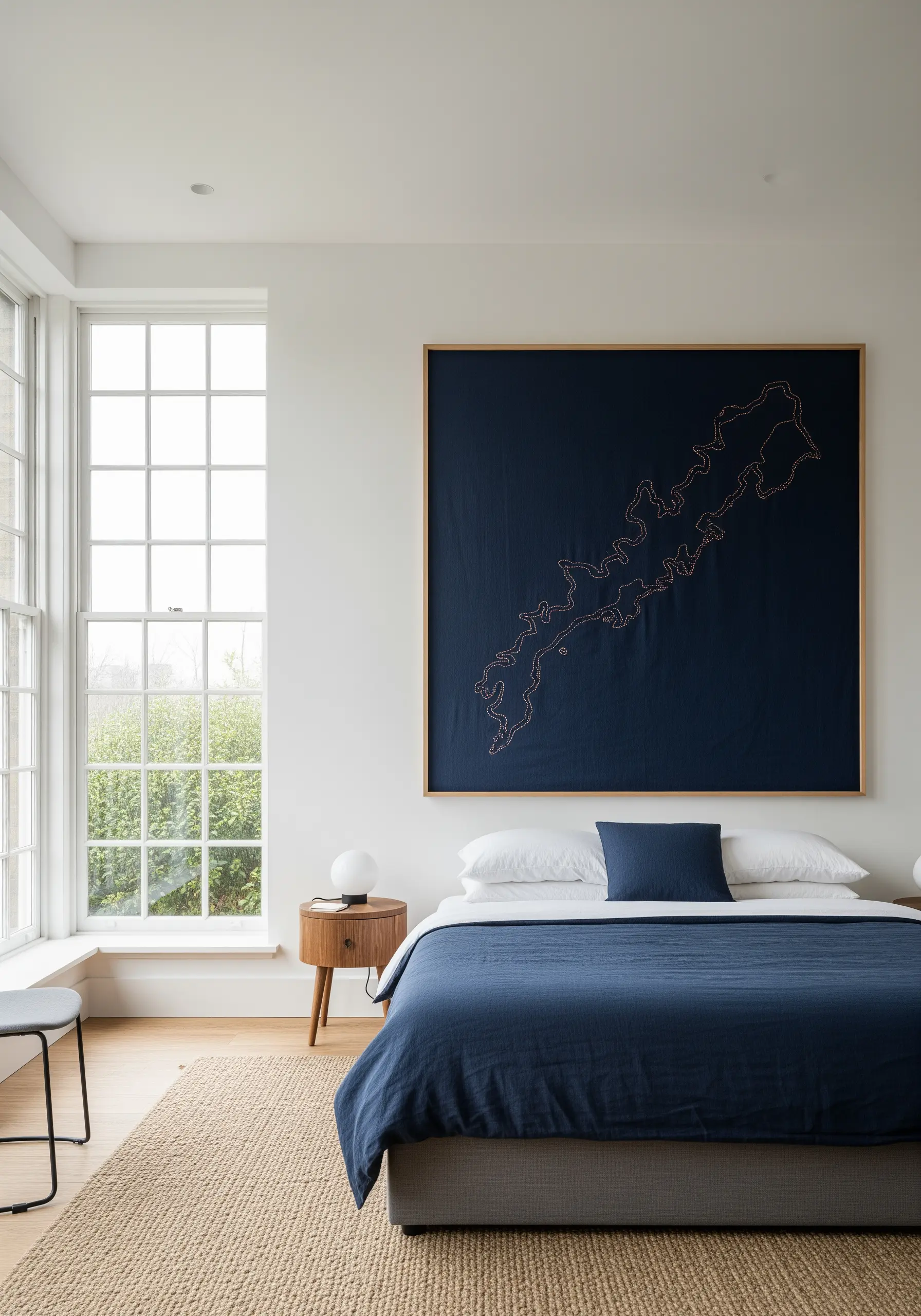 An abstract outline of a lake embroidered in gold thread on a large navy canvas.